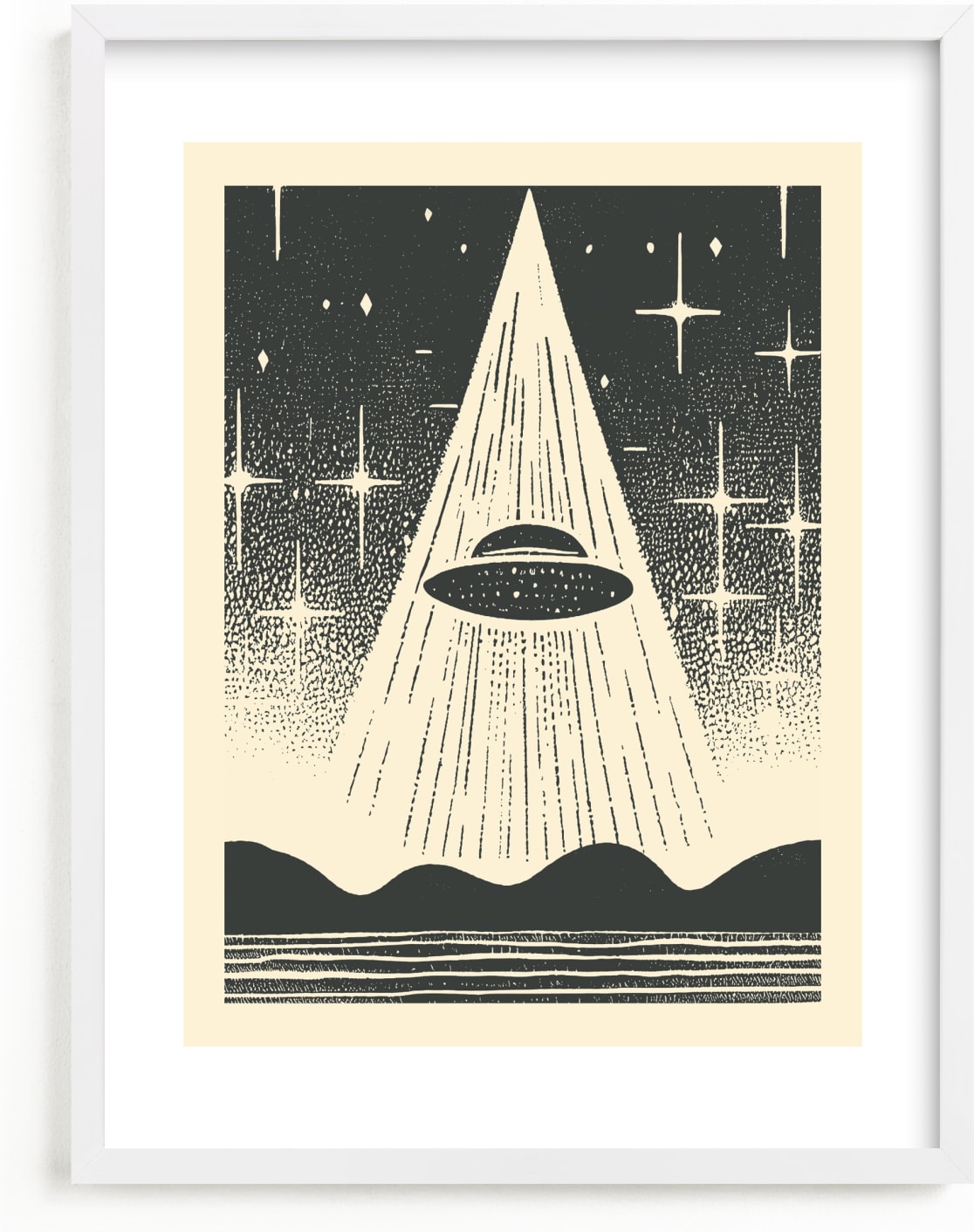 This is a grey kids wall art by Roseanne Kenny called UFO Encounters: Nostalgic Retro Woodcut.