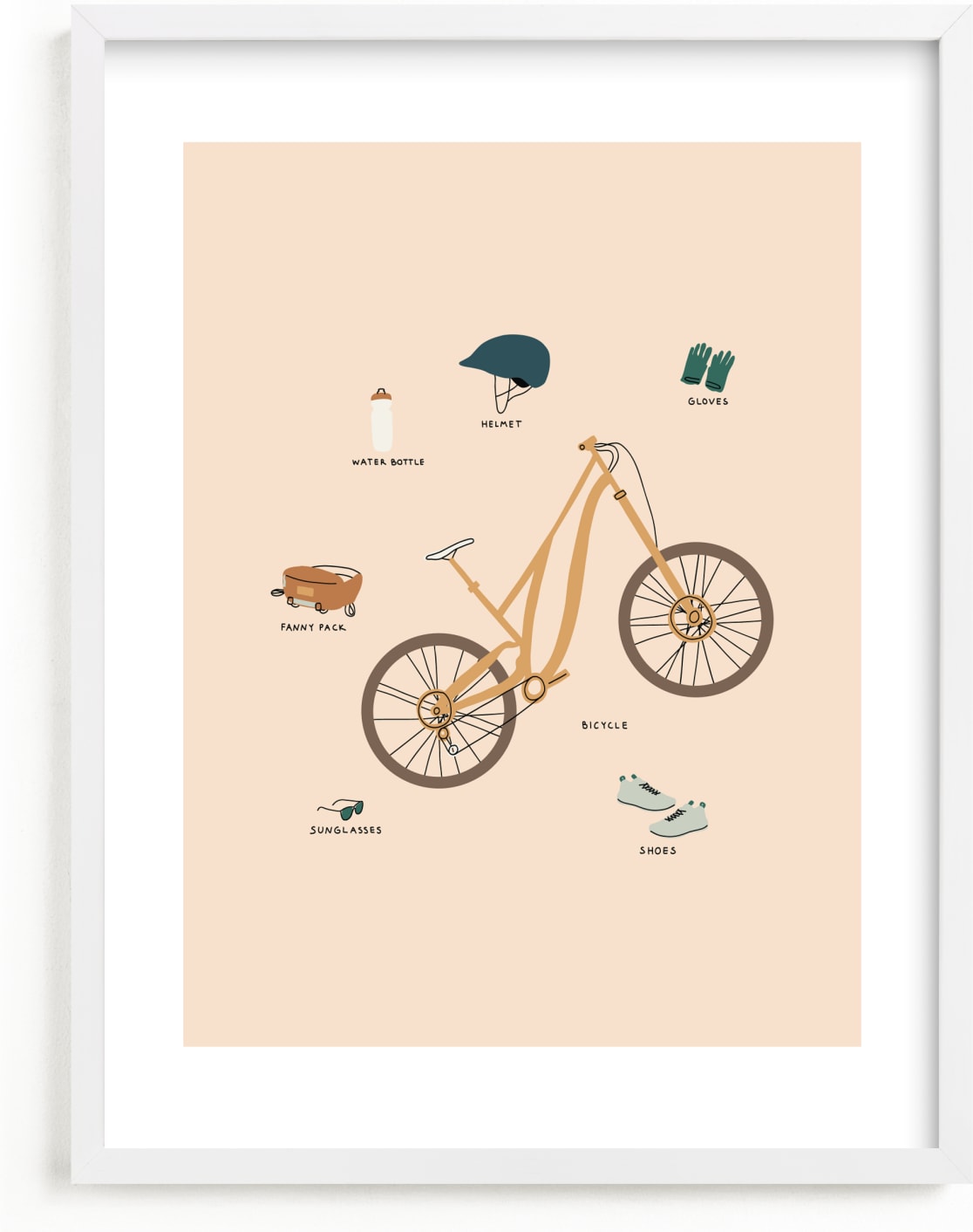 This is a ivory kids wall art by Coit Creative called Cycling Adventure Gear.