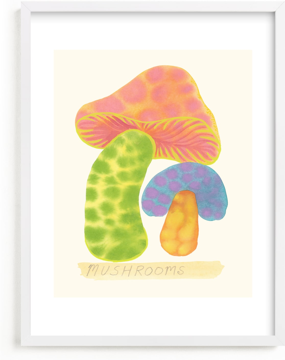 This is a colorful kids wall art by Renée Stramel called mushrooms.