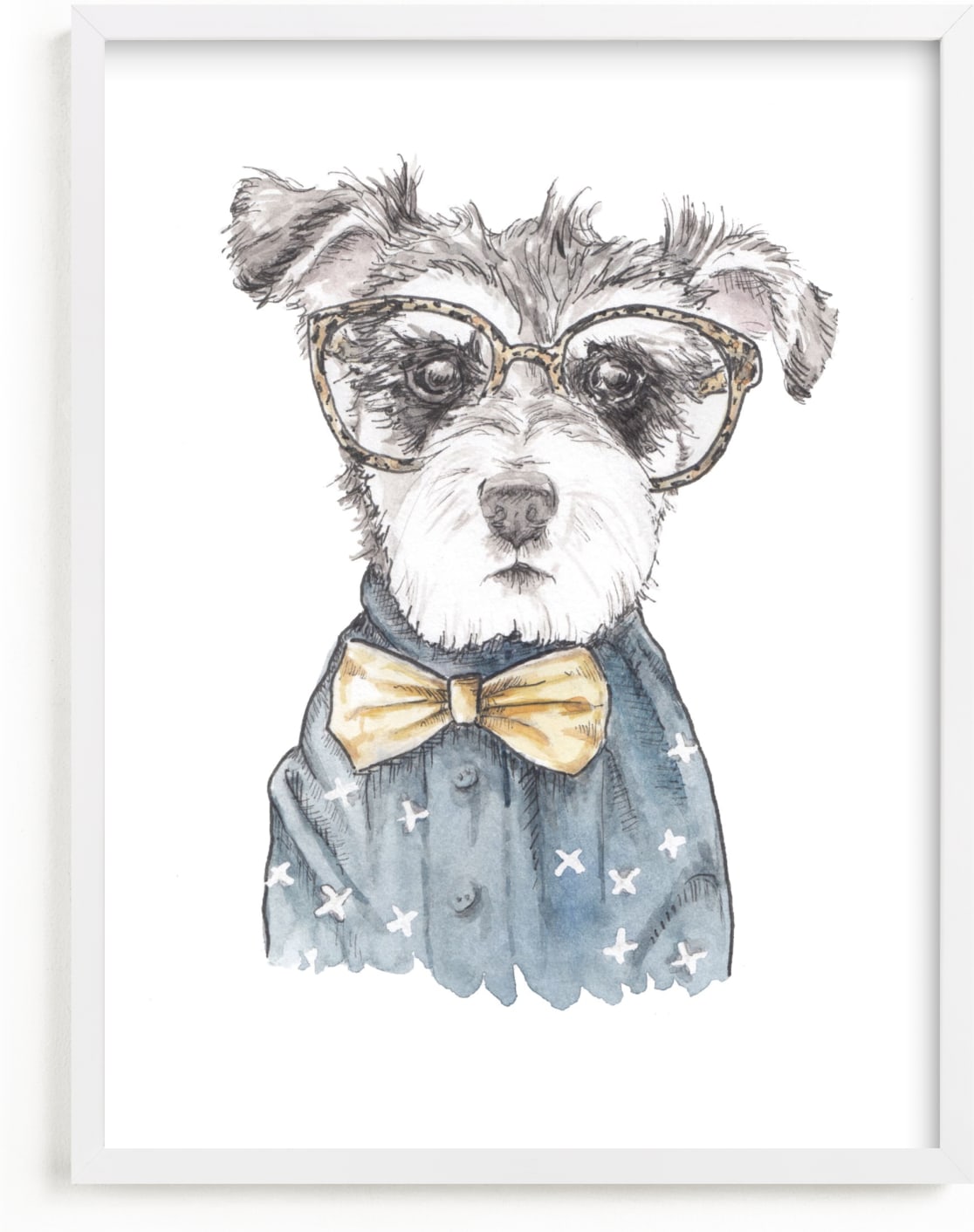 This is a blue kids wall art by Lauren Rogoff called Snazzy Schnauzer Mixed Media.