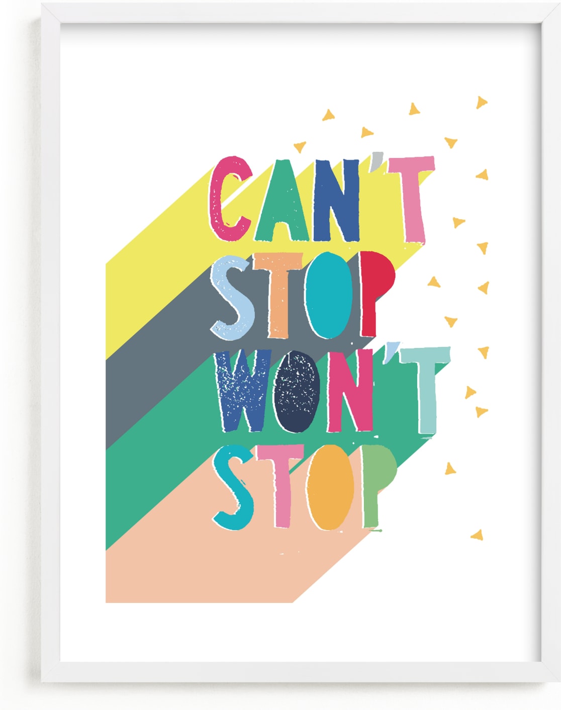 This is a colorful kids wall art by Katy Clemmans called Can't Stop.
