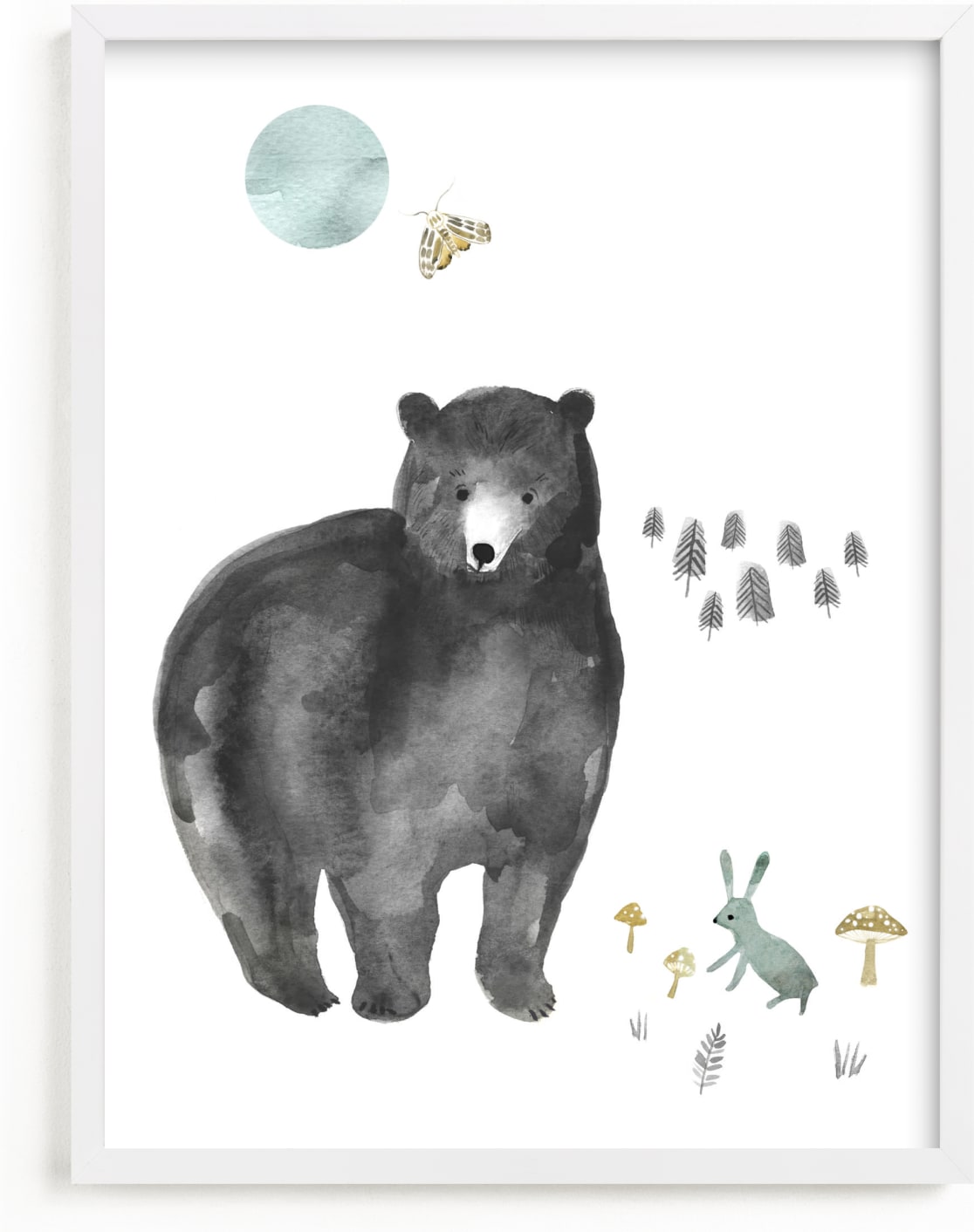 This is a blue kids wall art by Emilie Simpson called Bear and Bunny.