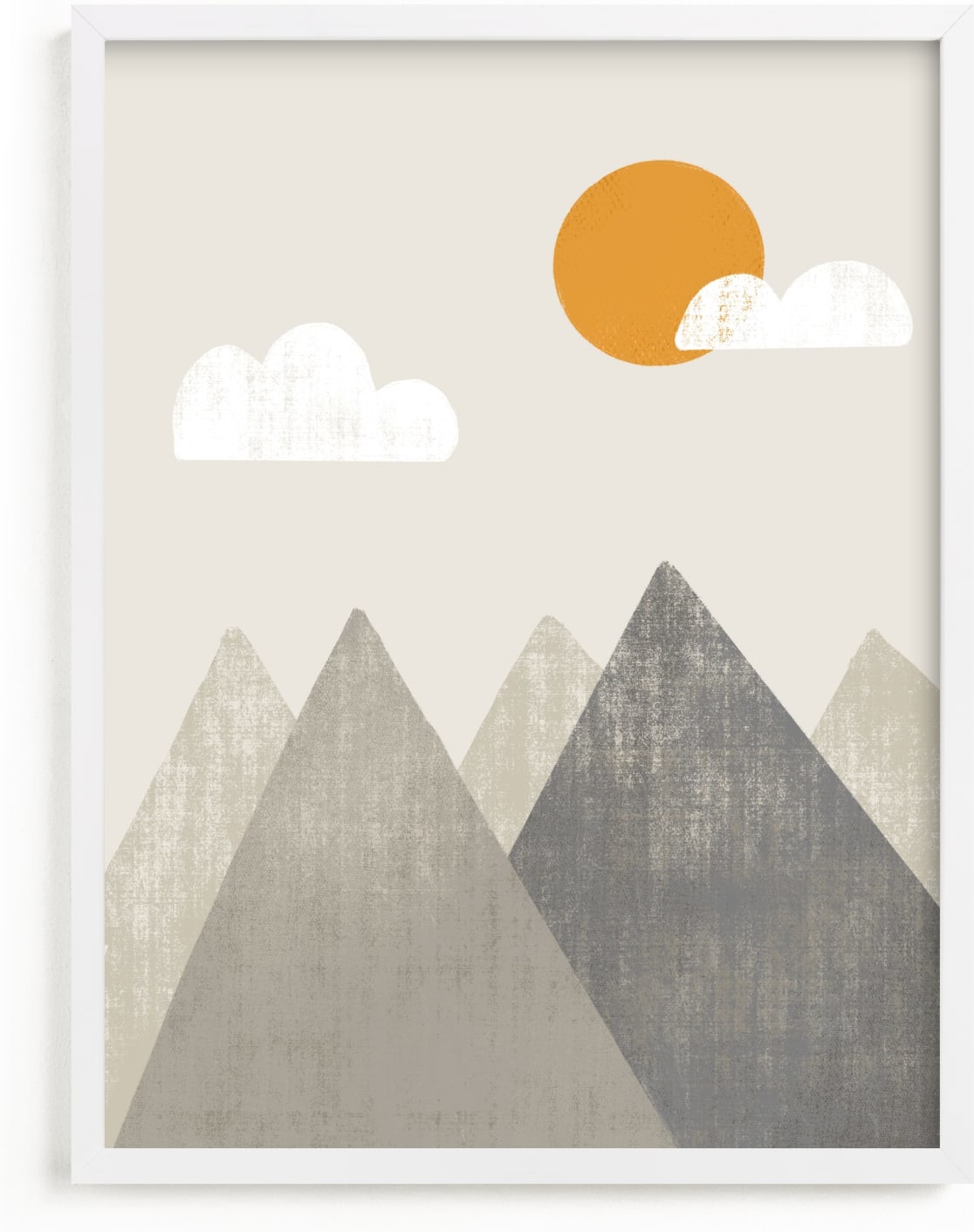 This is a grey kids wall art by Meghan Hageman called The Mountains are Calling in the Morning.