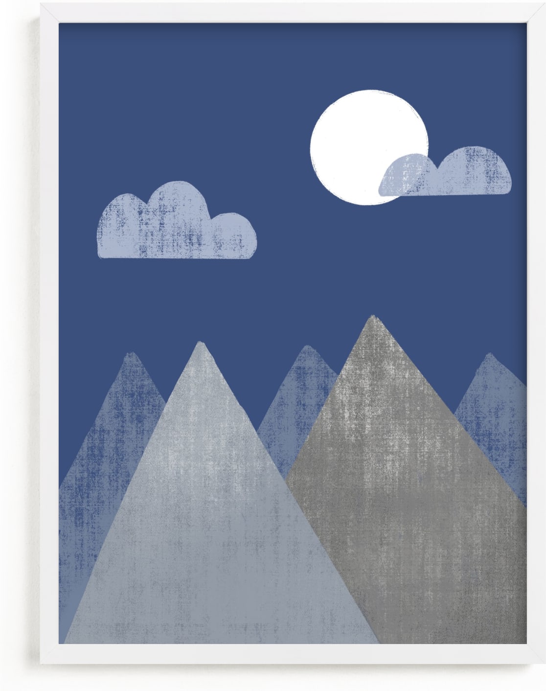 This is a blue kids wall art by Meghan Hageman called The Mountains are Calling in the Morning.