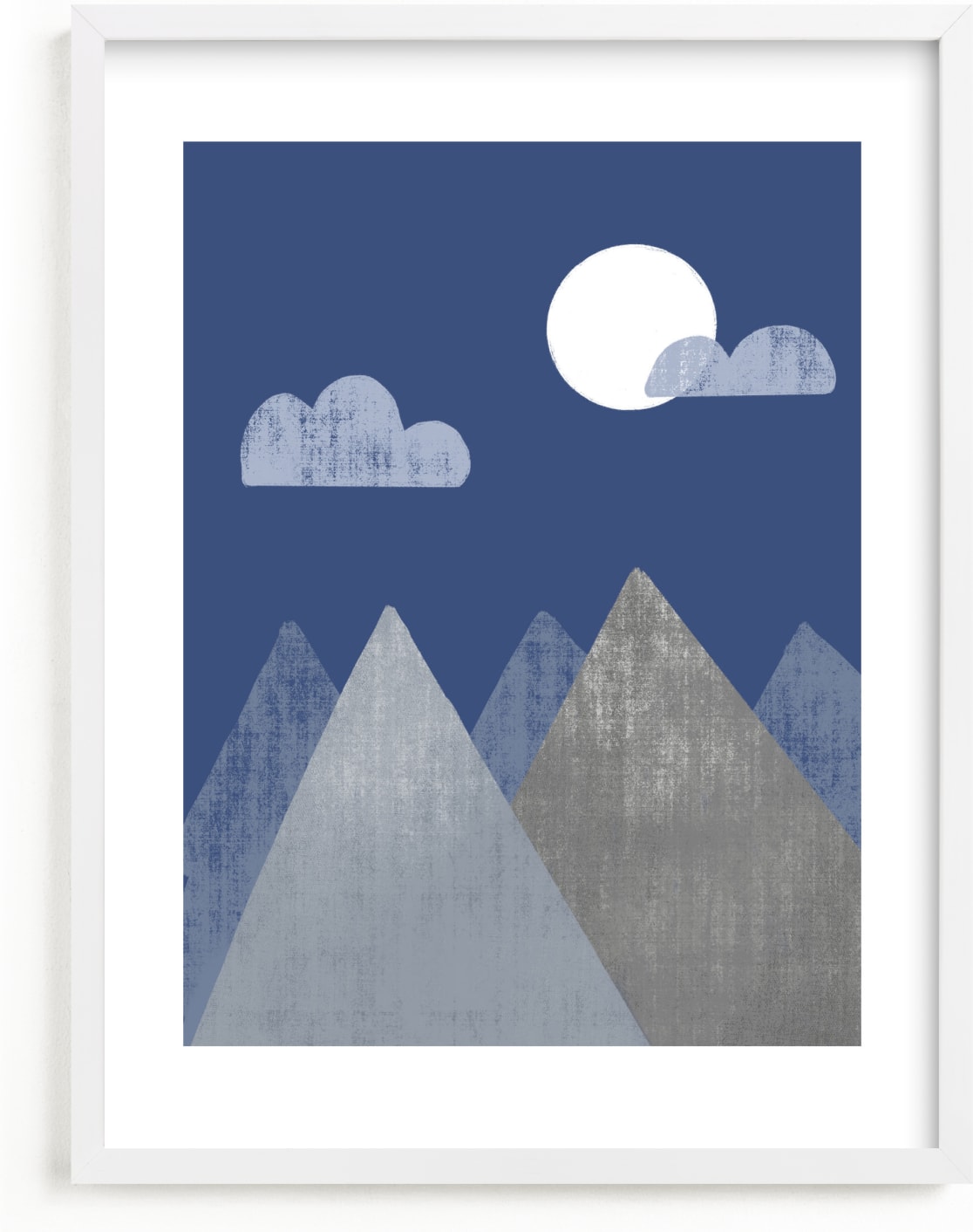 This is a blue kids wall art by Meghan Hageman called The Mountains are Calling in the Morning.