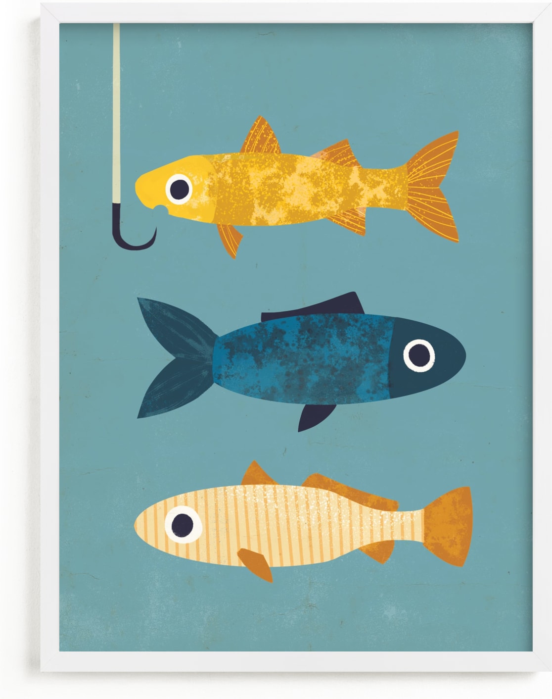 This is a blue kids wall art by Laura Mitchell called 1 Fish, 2 Fish, 3 Fish.