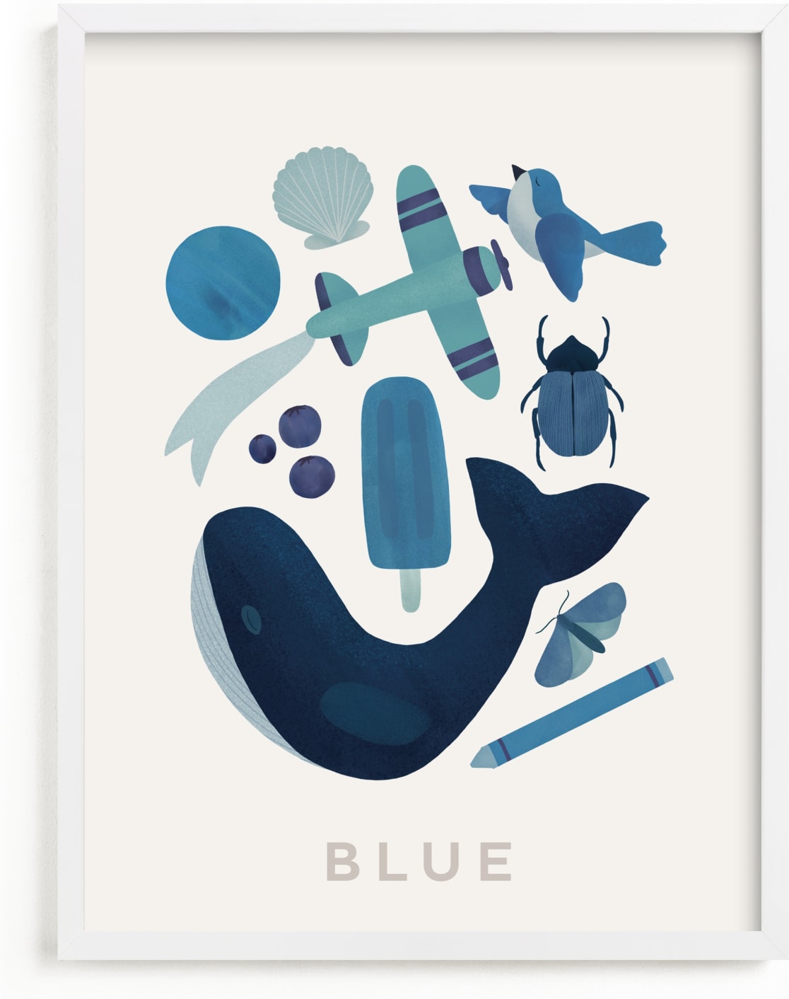 This is a blue kids wall art by Ana Peake called Ten Blue Things.