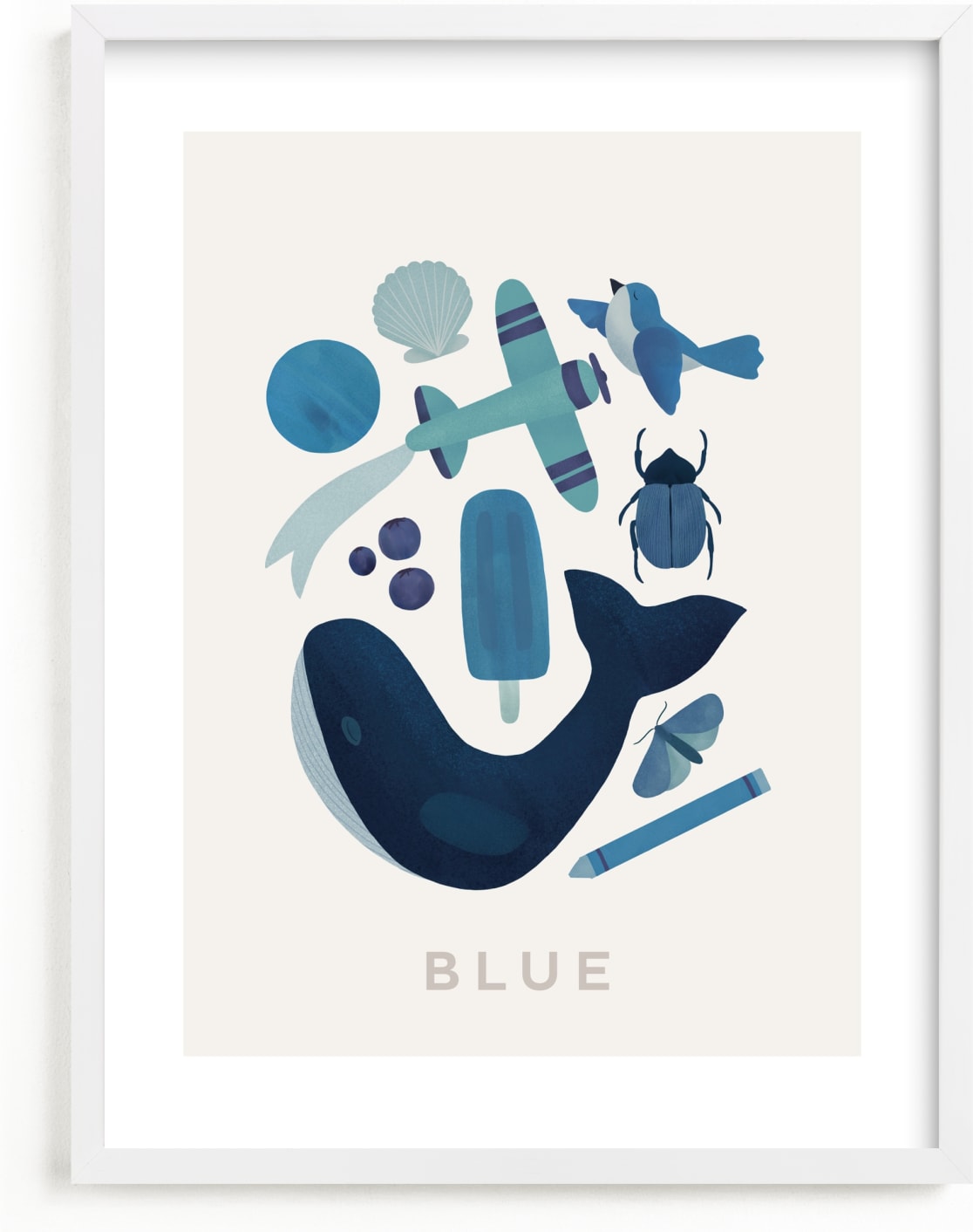 This is a blue kids wall art by Ana Peake called Ten Blue Things.