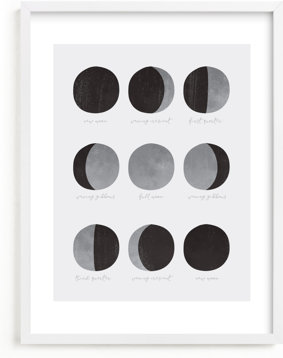 This is a grey kids wall art by Dawn Jasper called the lunar cycle.