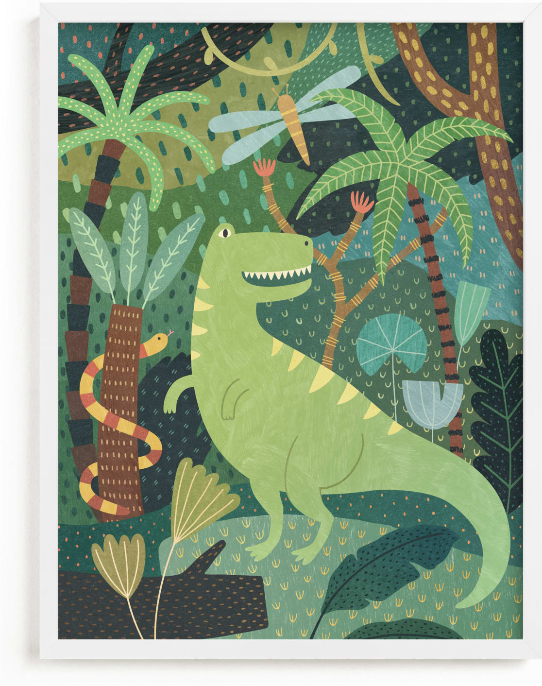 This is a blue kids wall art by McKenna Sato called Prehistoric Jungle.