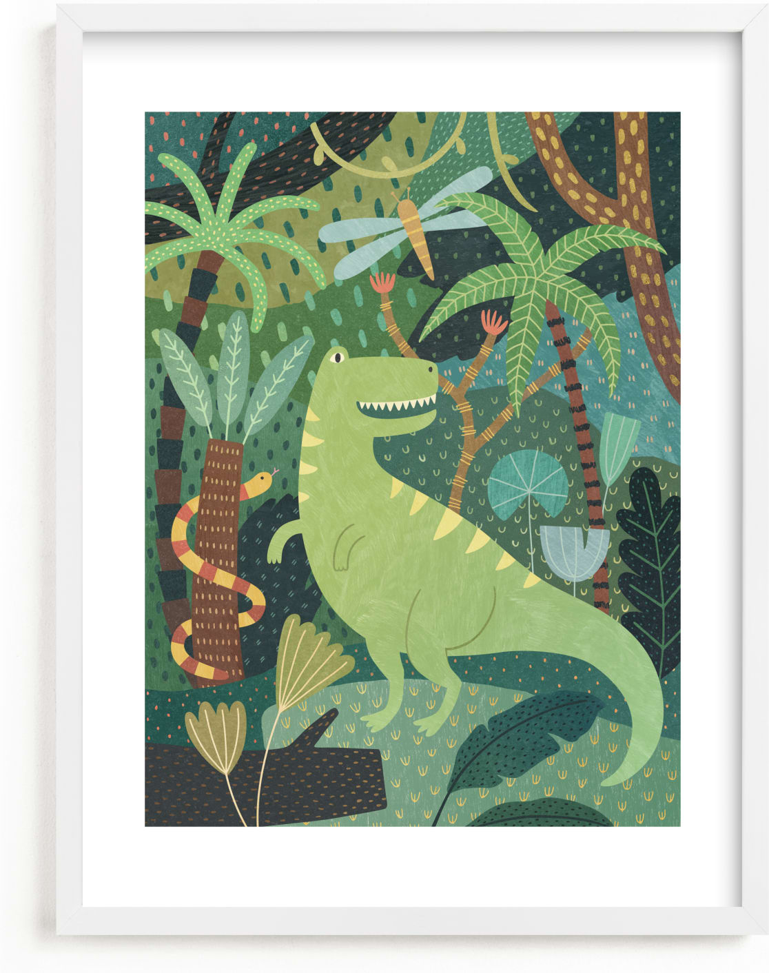 This is a blue kids wall art by McKenna Sato called Prehistoric Jungle.