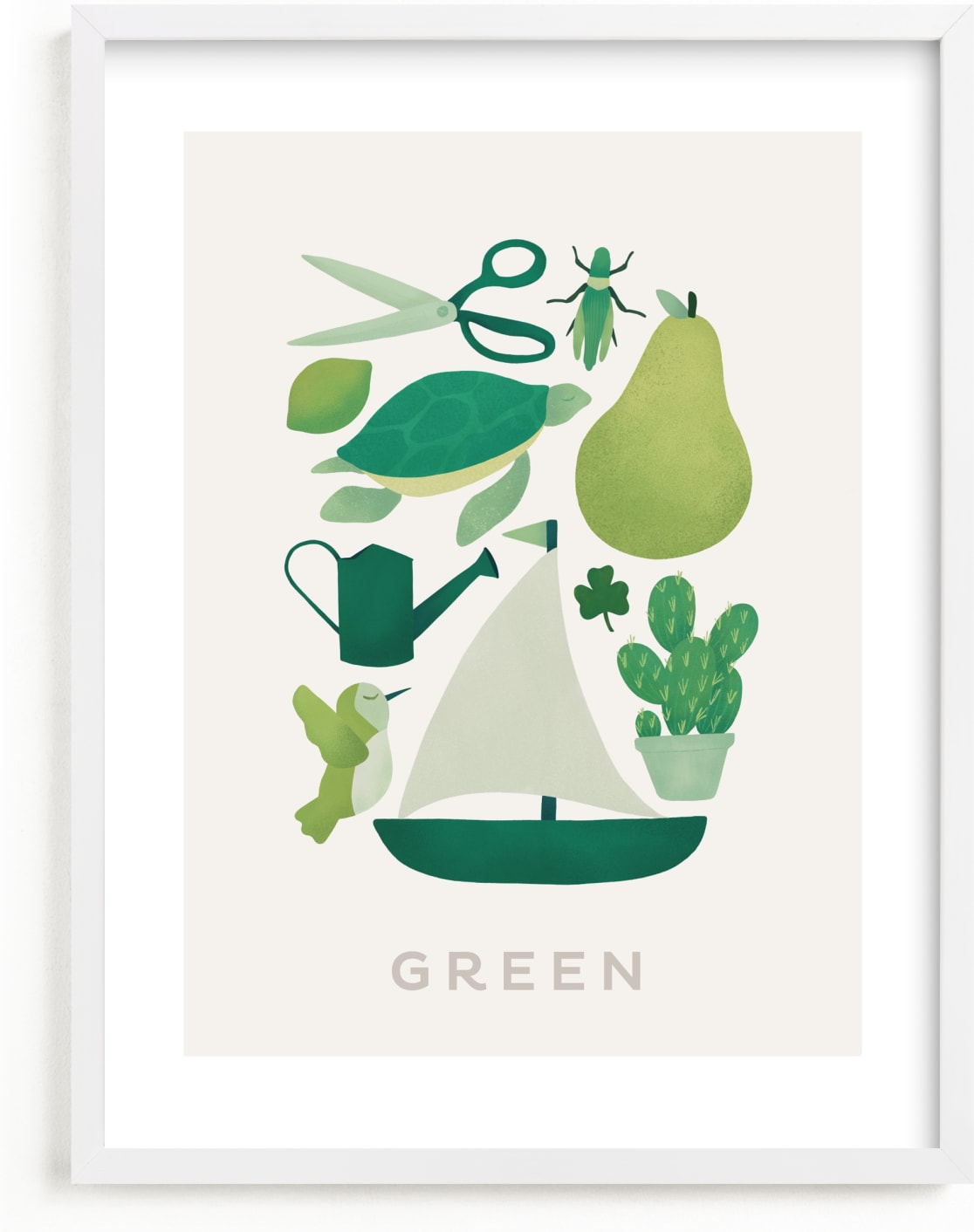 This is a green kids wall art by Ana Peake called Ten Green Things.
