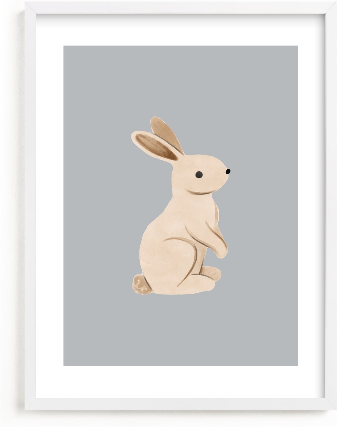 This is a blue, brown, grey kids wall art by Vivian Yiwing called Baby Rabbit.
