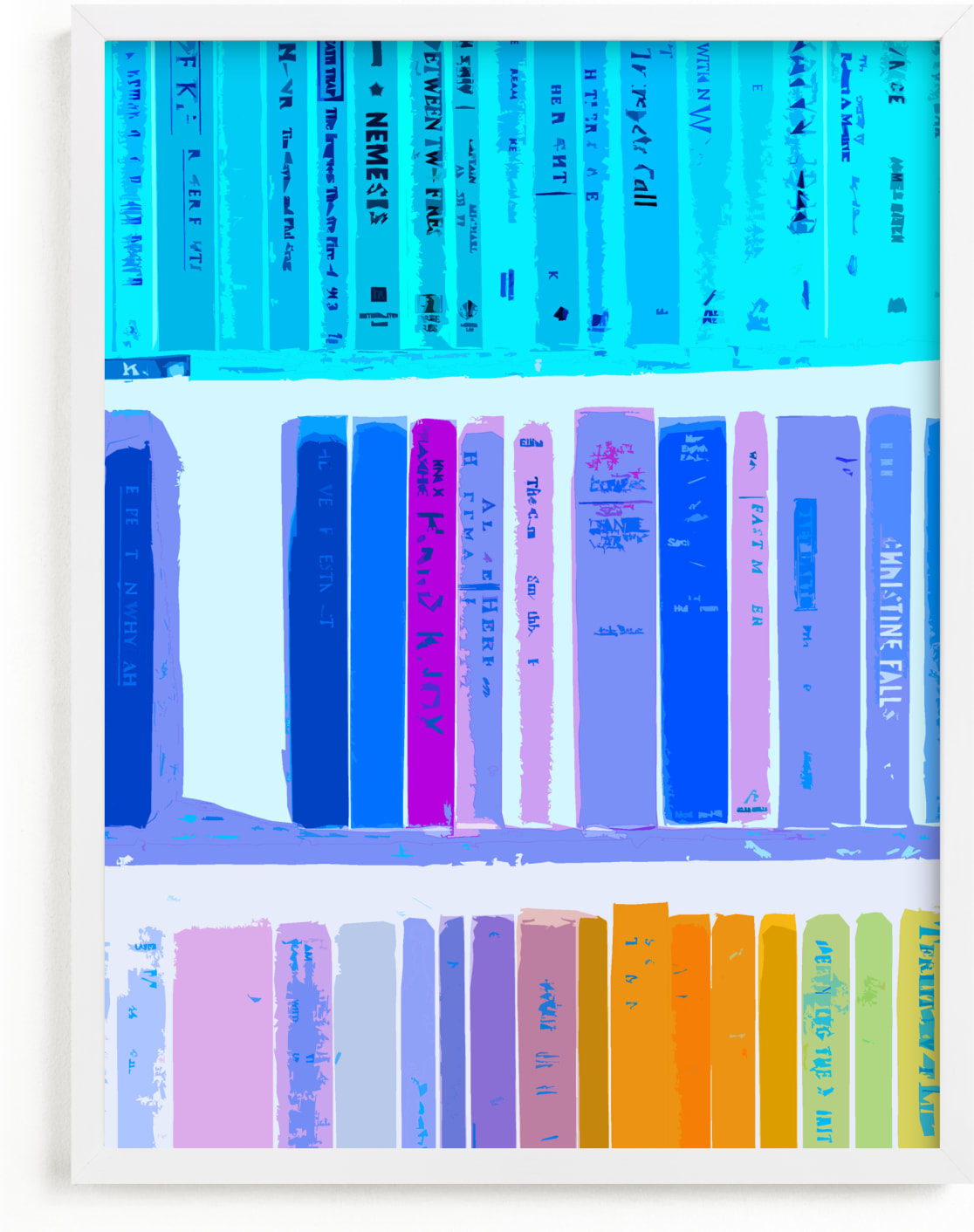This is a blue kids wall art by Kaitlin Rebesco called Rainbow of Books.