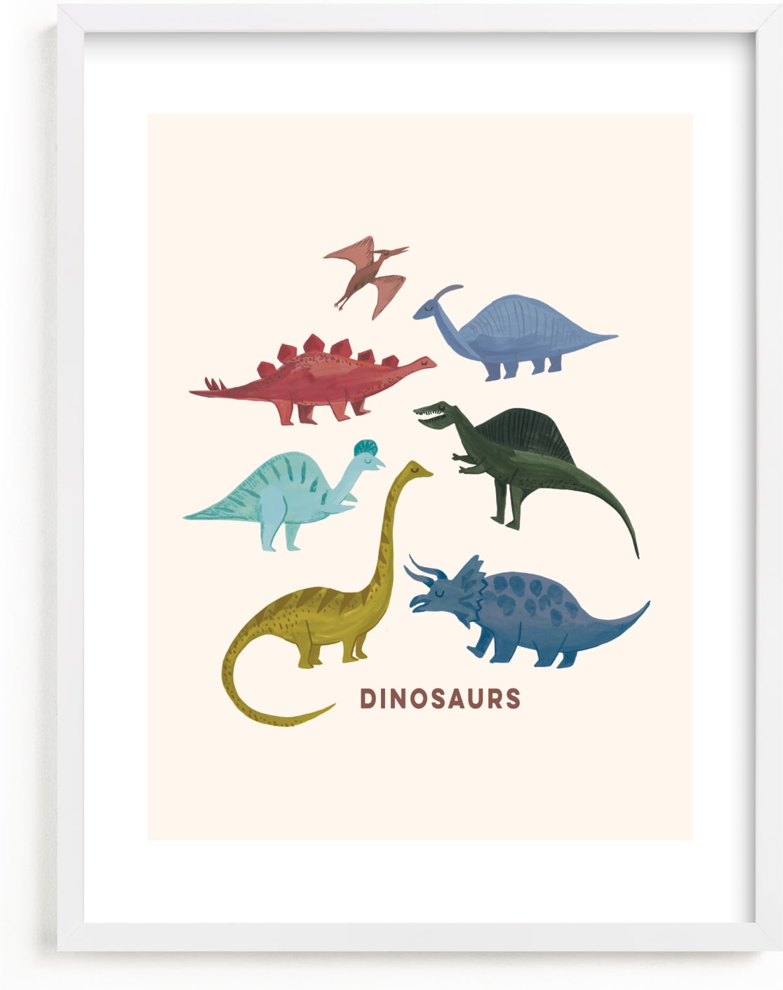 This is a blue kids wall art by Teju Reval called Dinosaurs in color.