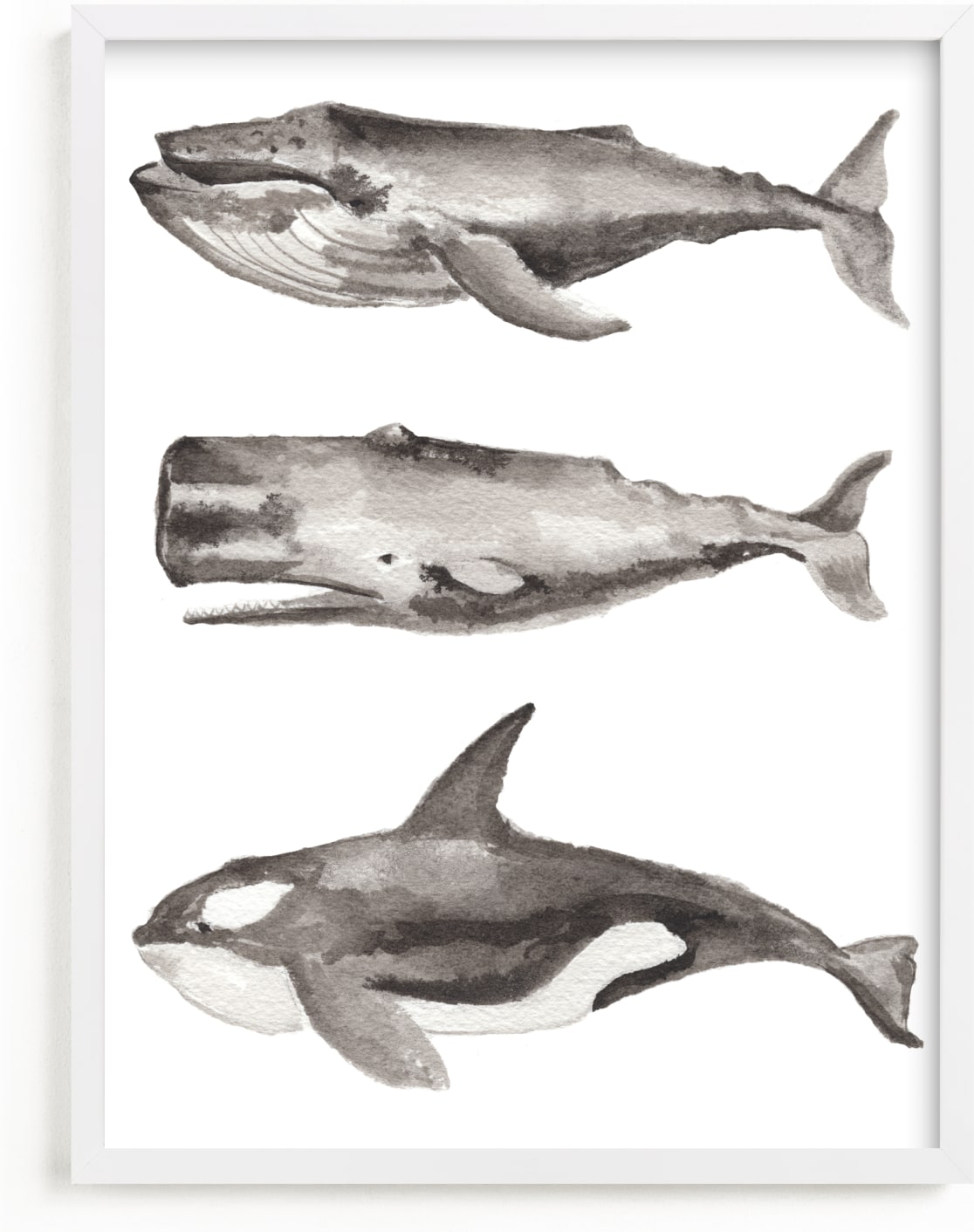 This is a black and white kids wall art by Two if by Sea Studios called Three Stacked Whales.