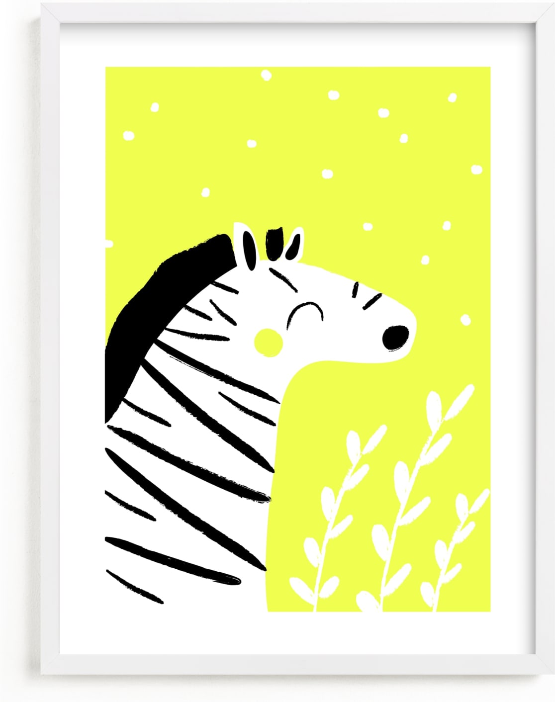 This is a black and white kids wall art by Angela Thompson called Happy Zebra.