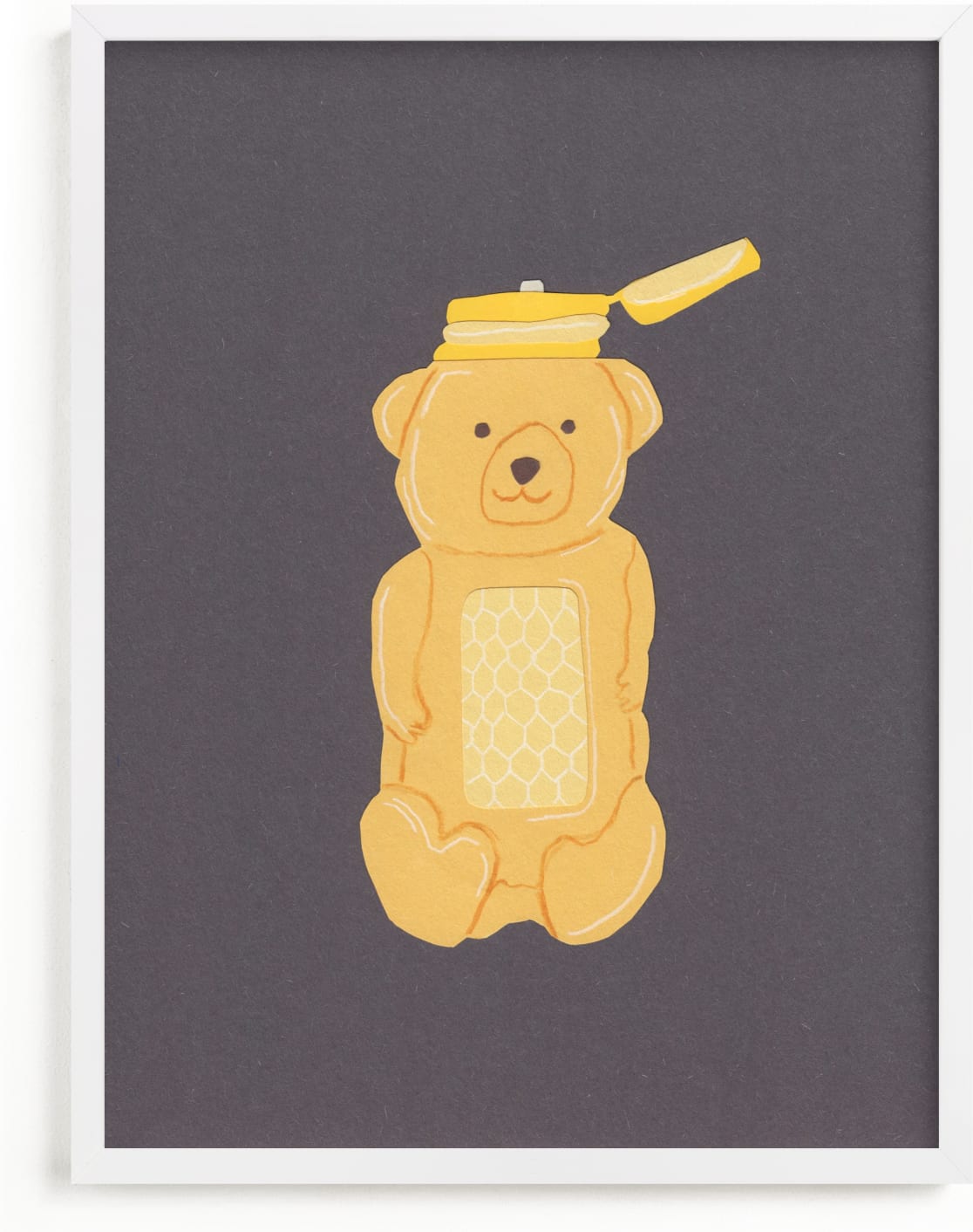 This is a yellow kids wall art by Elliot Stokes called Honey Bear.