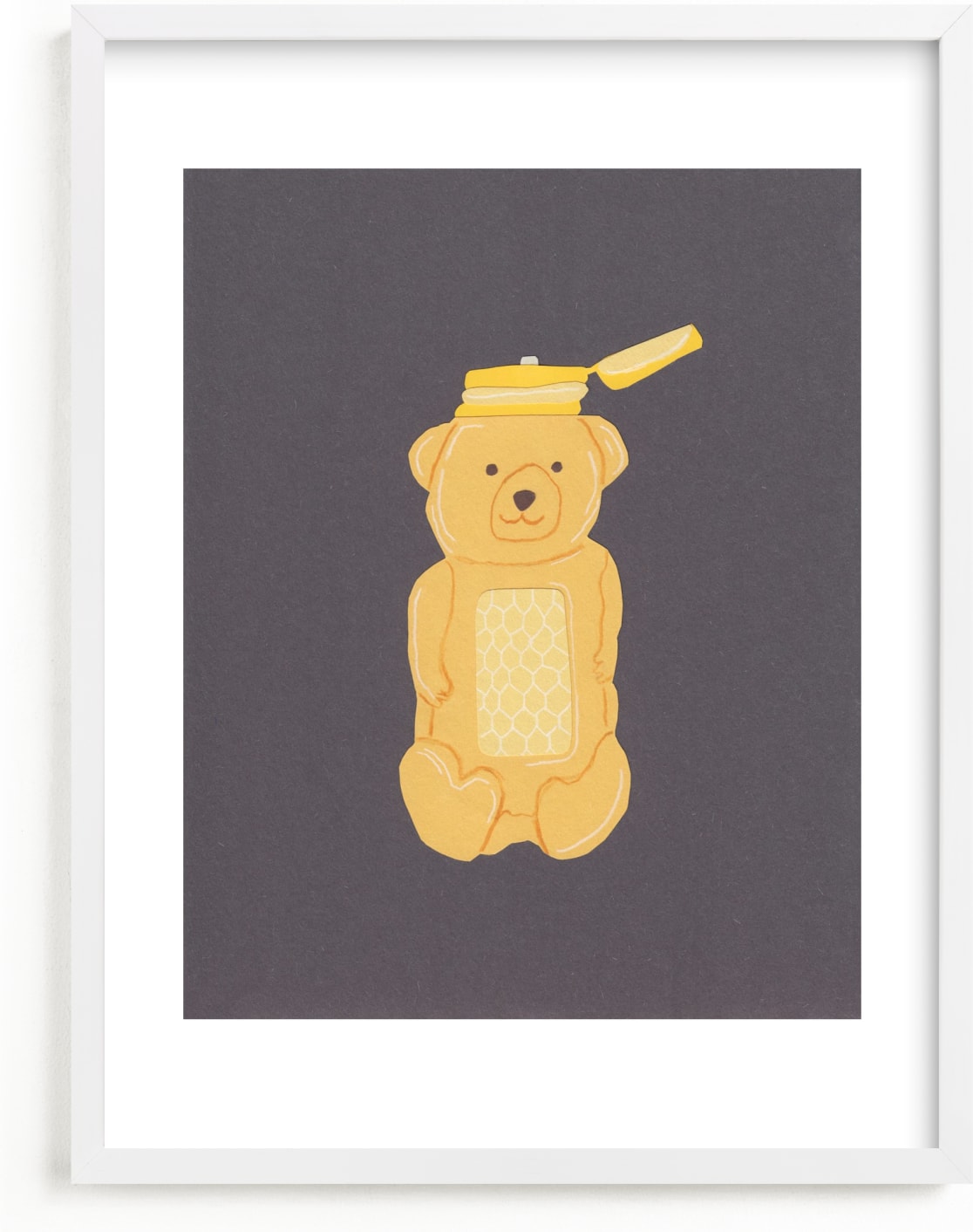 This is a yellow kids wall art by Elliot Stokes called Honey Bear.