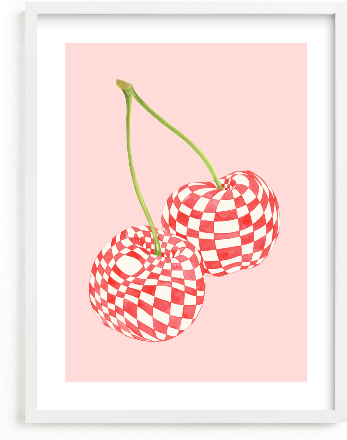 This is a white kids wall art by Luci Power called Checkerboard Cherries.