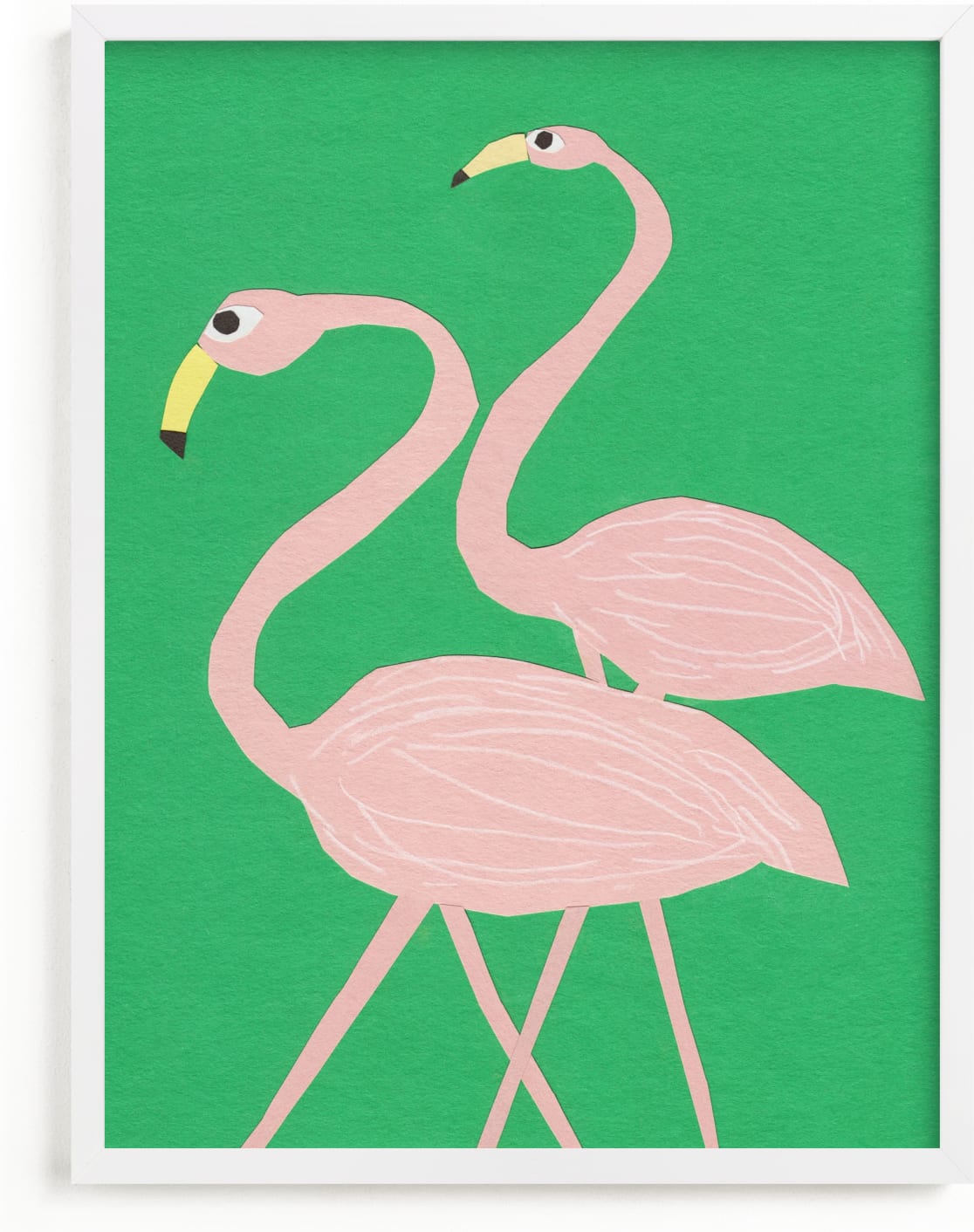 This is a yellow kids wall art by Elliot Stokes called Flamingo Amigos.