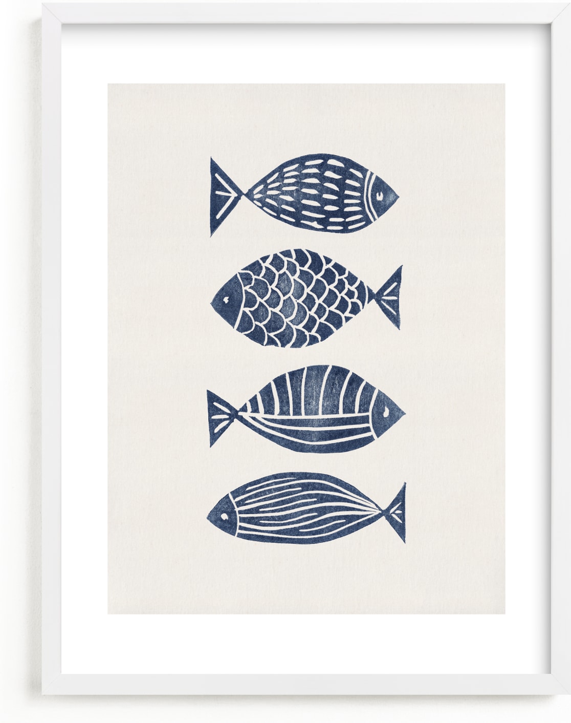 This is a blue kids wall art by Alisa Galitsyna called Linocut Fishes.