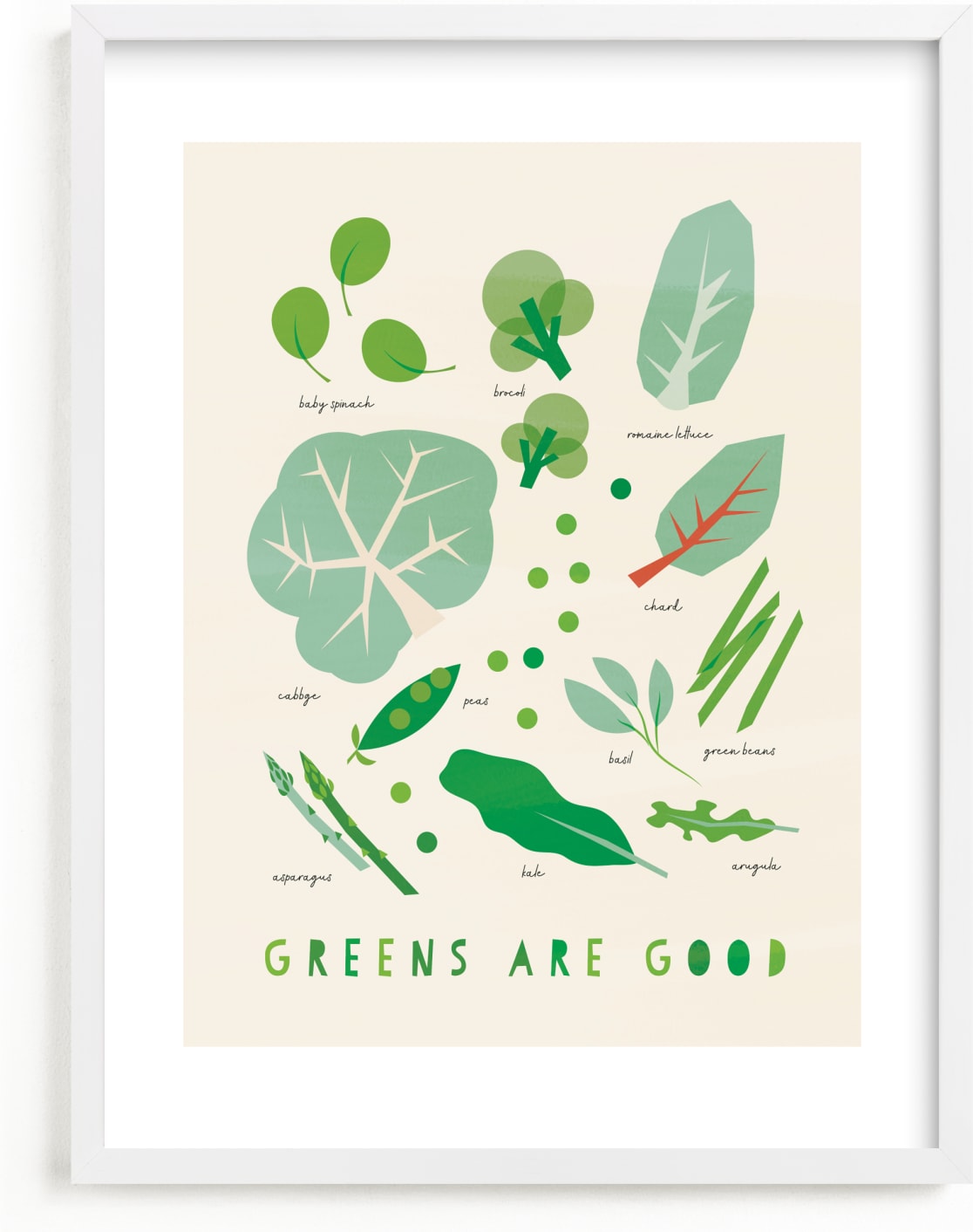This is a ivory kids wall art by Ani Somi called Greens are Good.