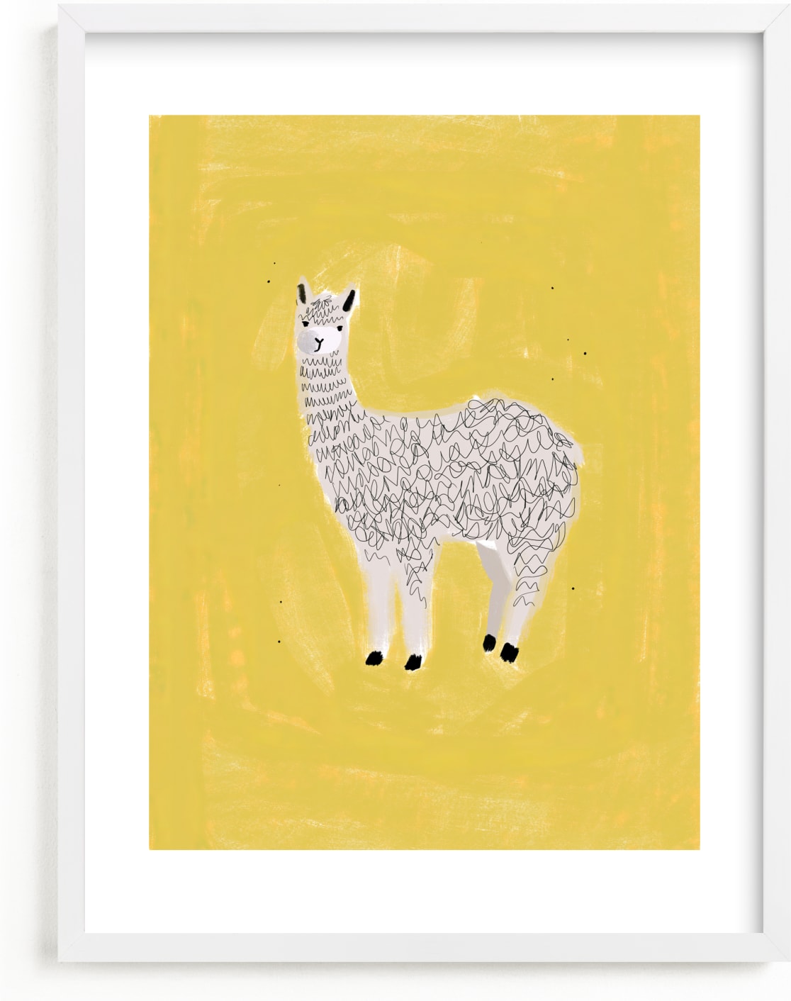 This is a white kids wall art by SALLY MURPHY called Sunshine Alpaca.