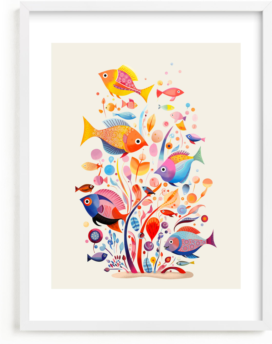 This is a colorful kids wall art by Tatjana Koraksic called Fishes.