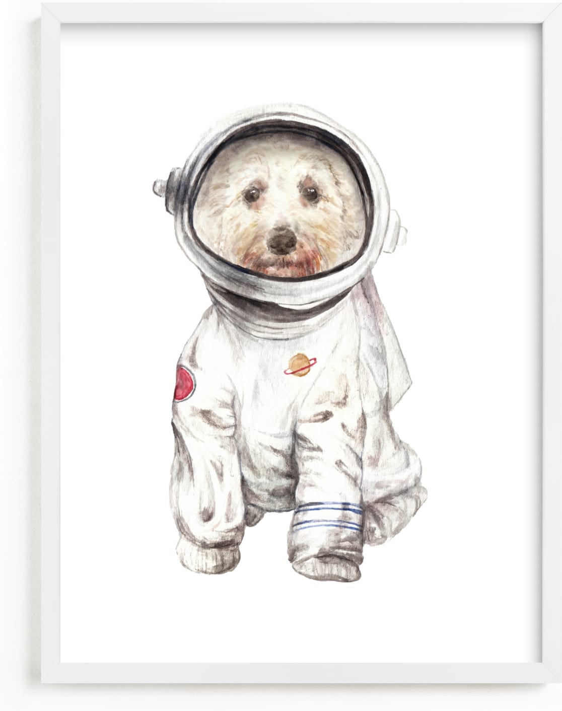 This is a blue kids wall art by Lauren Rogoff called Laika the Space Pup.