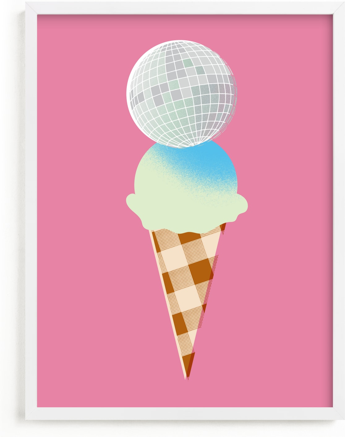 This is a pink kids wall art by Baumbirdy called disco ice cream.