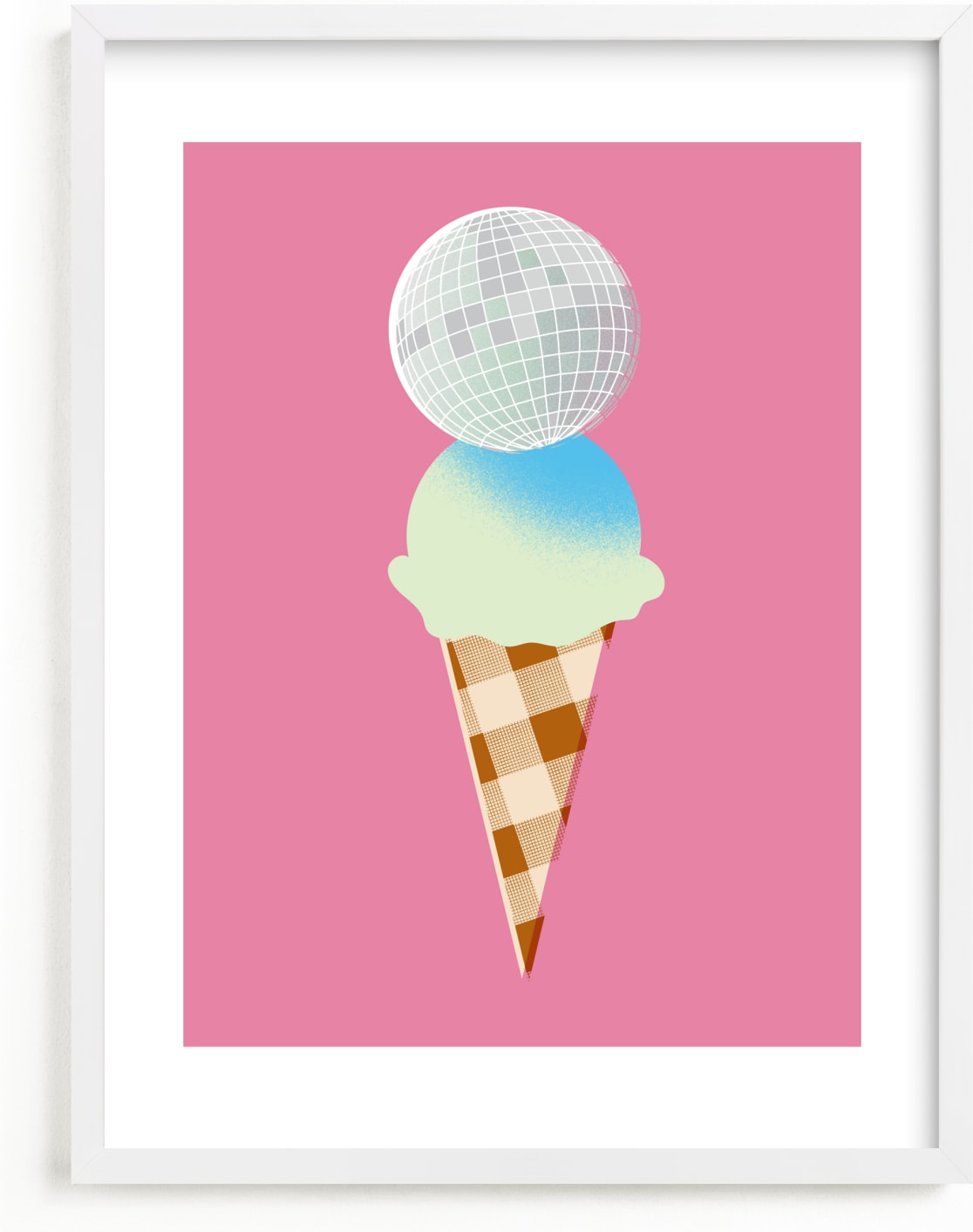 This is a pink kids wall art by Baumbirdy called disco ice cream.