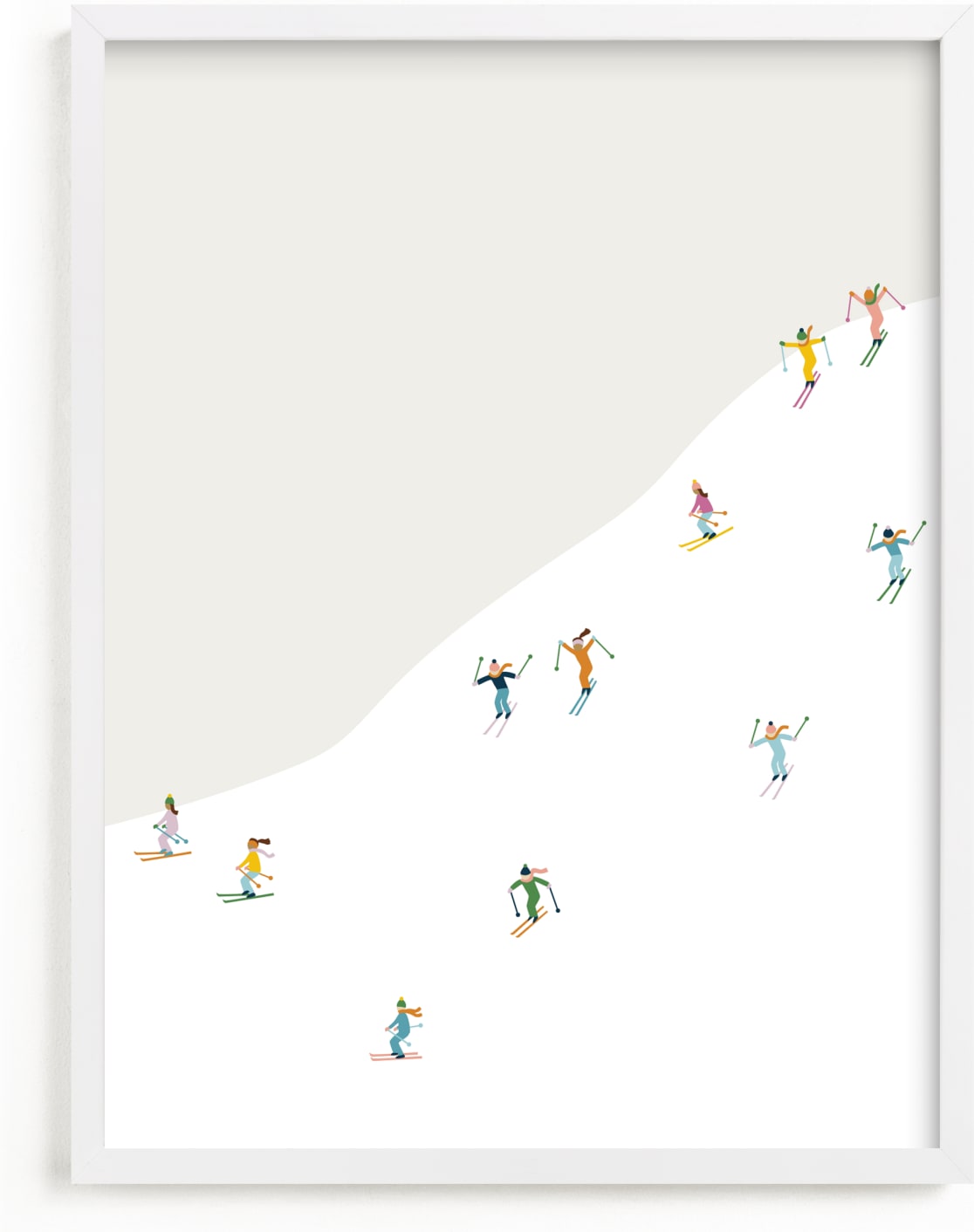 This is a colorful kids wall art by Ellen Schlegelmilch called happy skiers.