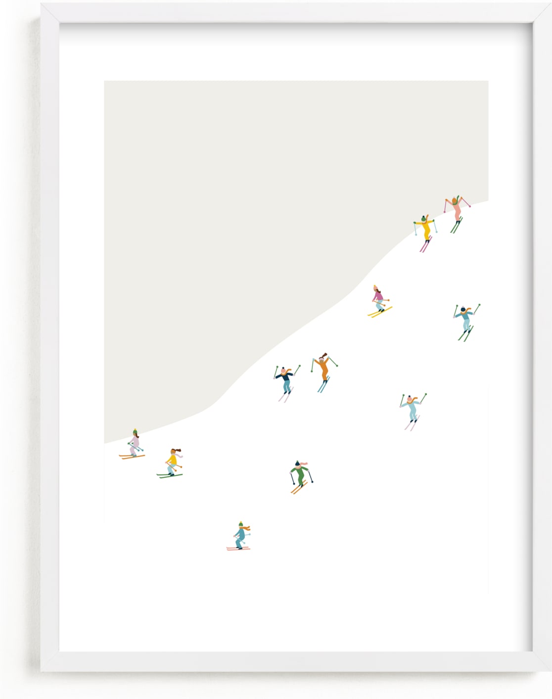 This is a colorful kids wall art by Ellen Schlegelmilch called happy skiers.