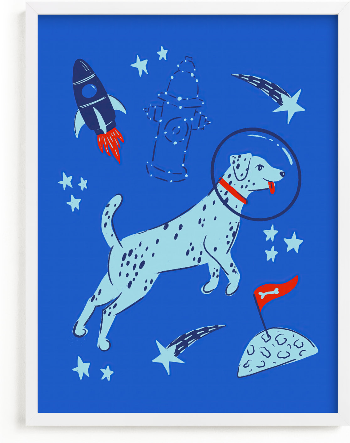 This is a blue kids wall art by Kristin Mastoras called Space Pup.