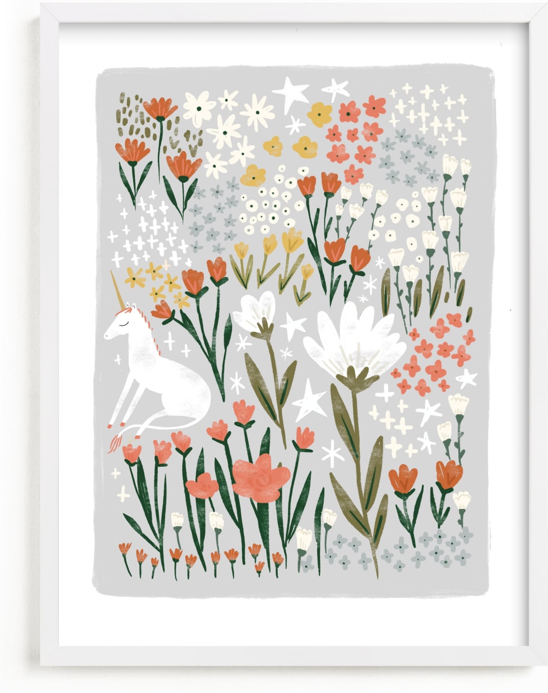 This is a colorful kids wall art by Hannah Williams called Unicorn Garden.