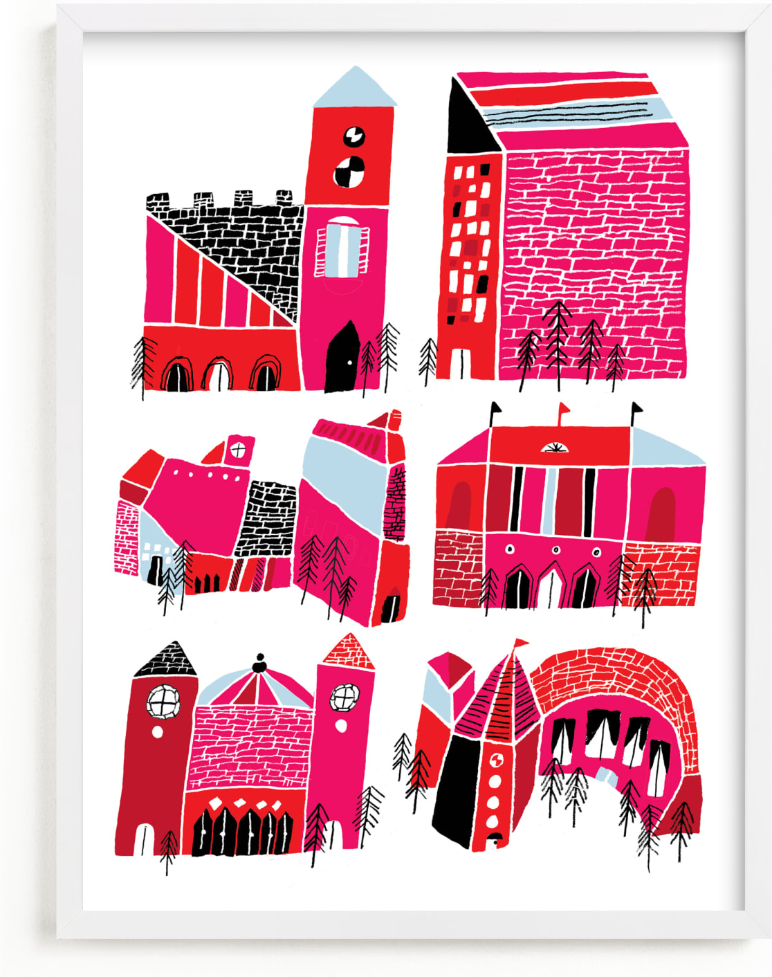 This is a colorful kids wall art by Elliot Stokes called Little Buildings.