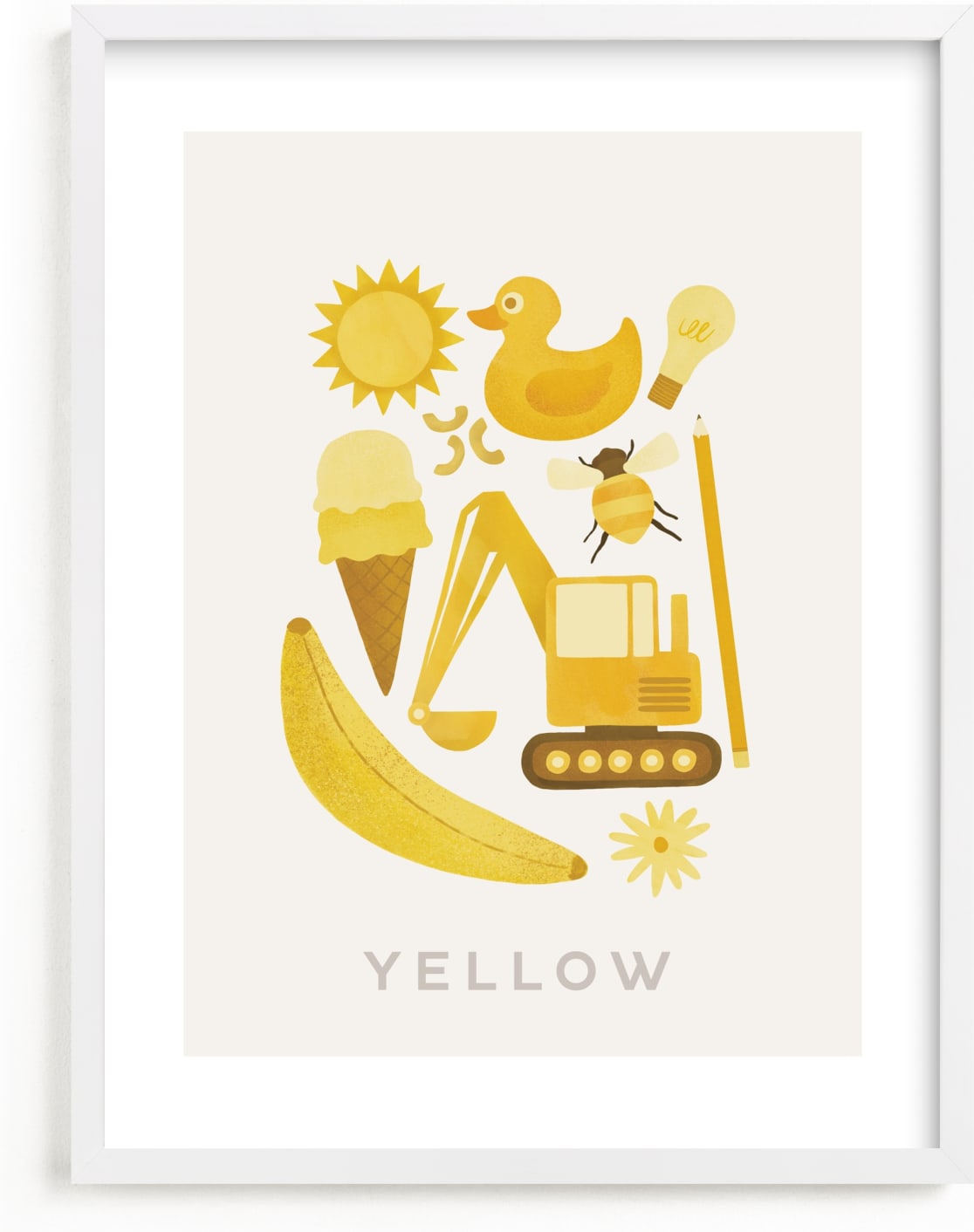 This is a yellow kids wall art by Ana Peake called Ten Yellow Things.