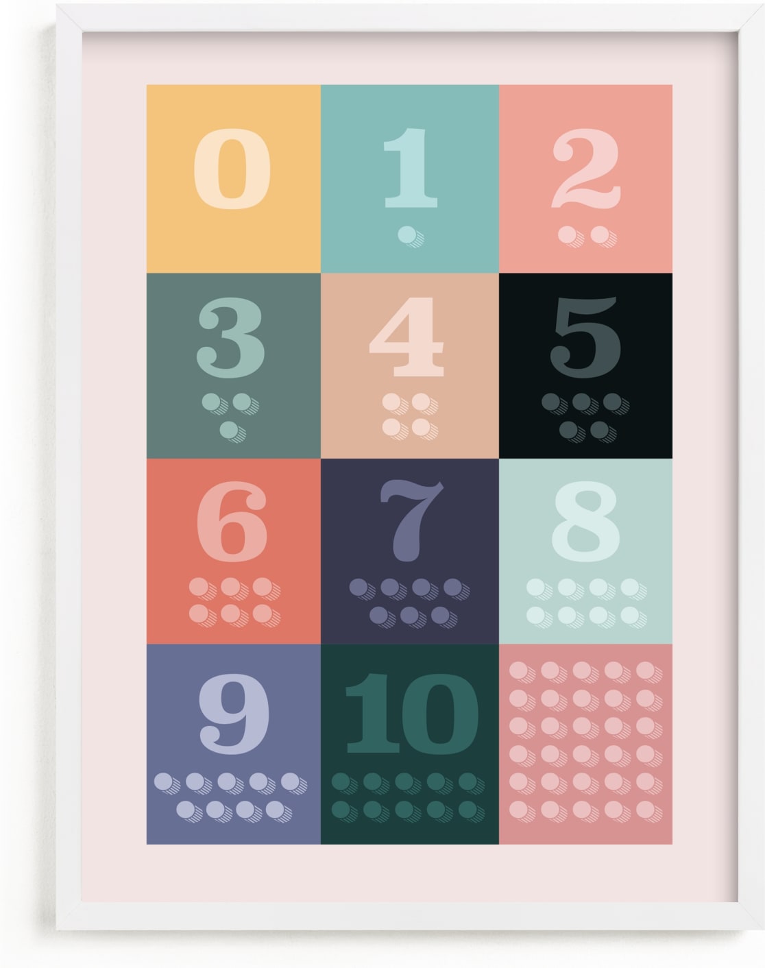 This is a colorful kids wall art by Karyna Amador Design called 1, 2 , 3, Oh I See! Count Along Numbers.