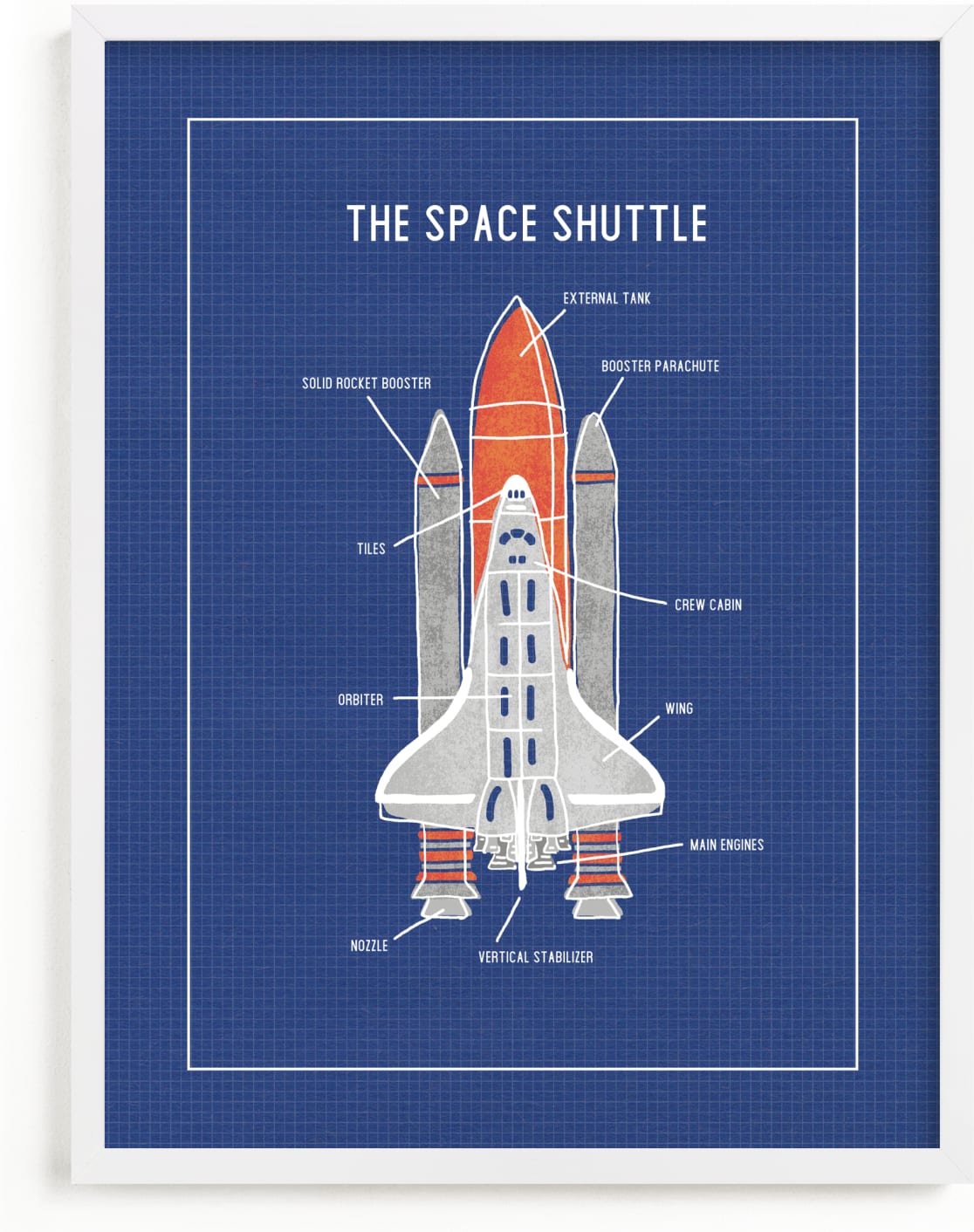 This is a blue kids wall art by Meggy Masters called The Space Shuttle.
