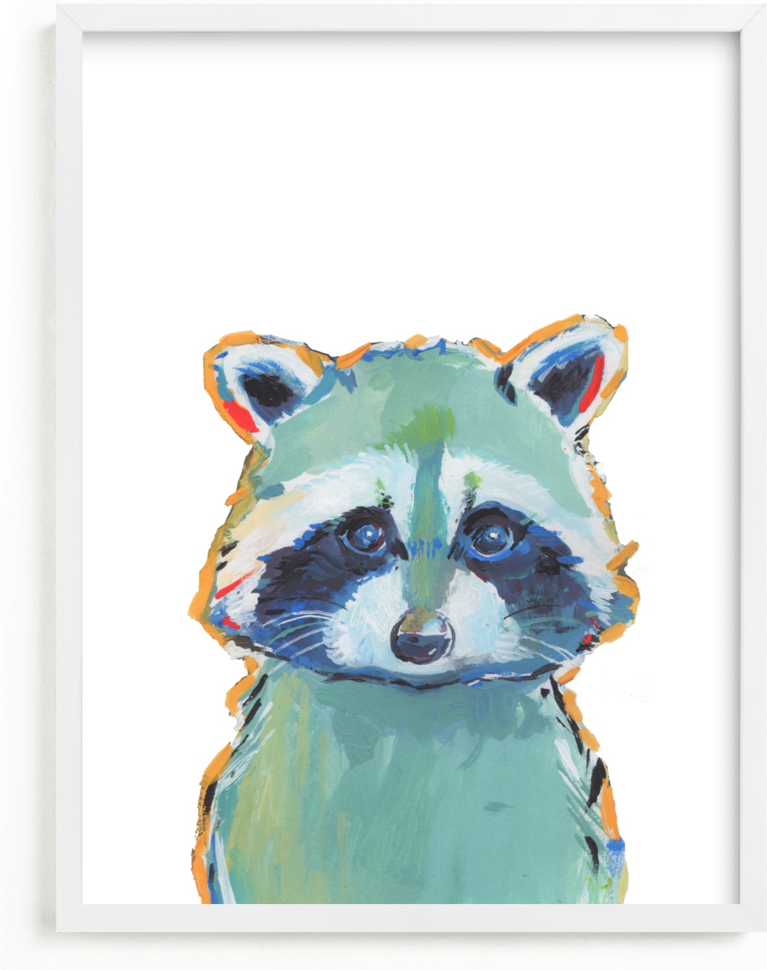 This is a blue kids wall art by Makewells called Mr. Raccoon.