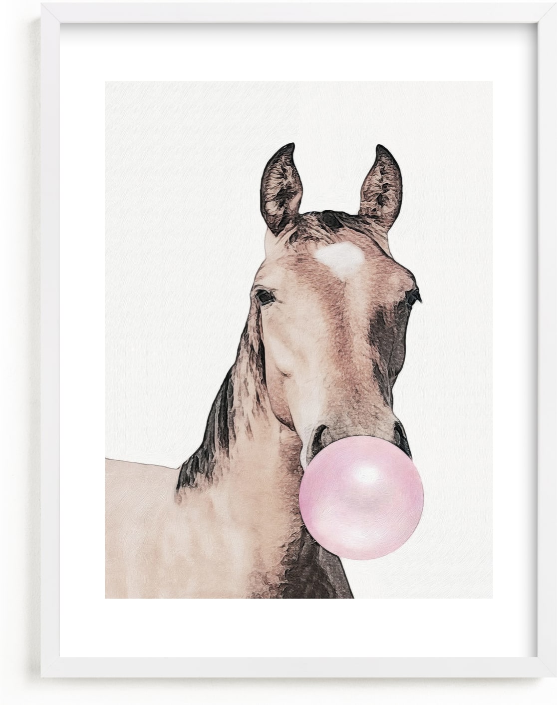 This is a brown, grey, pink kids wall art by Maja Cunningham called Bubblegum: Horse.