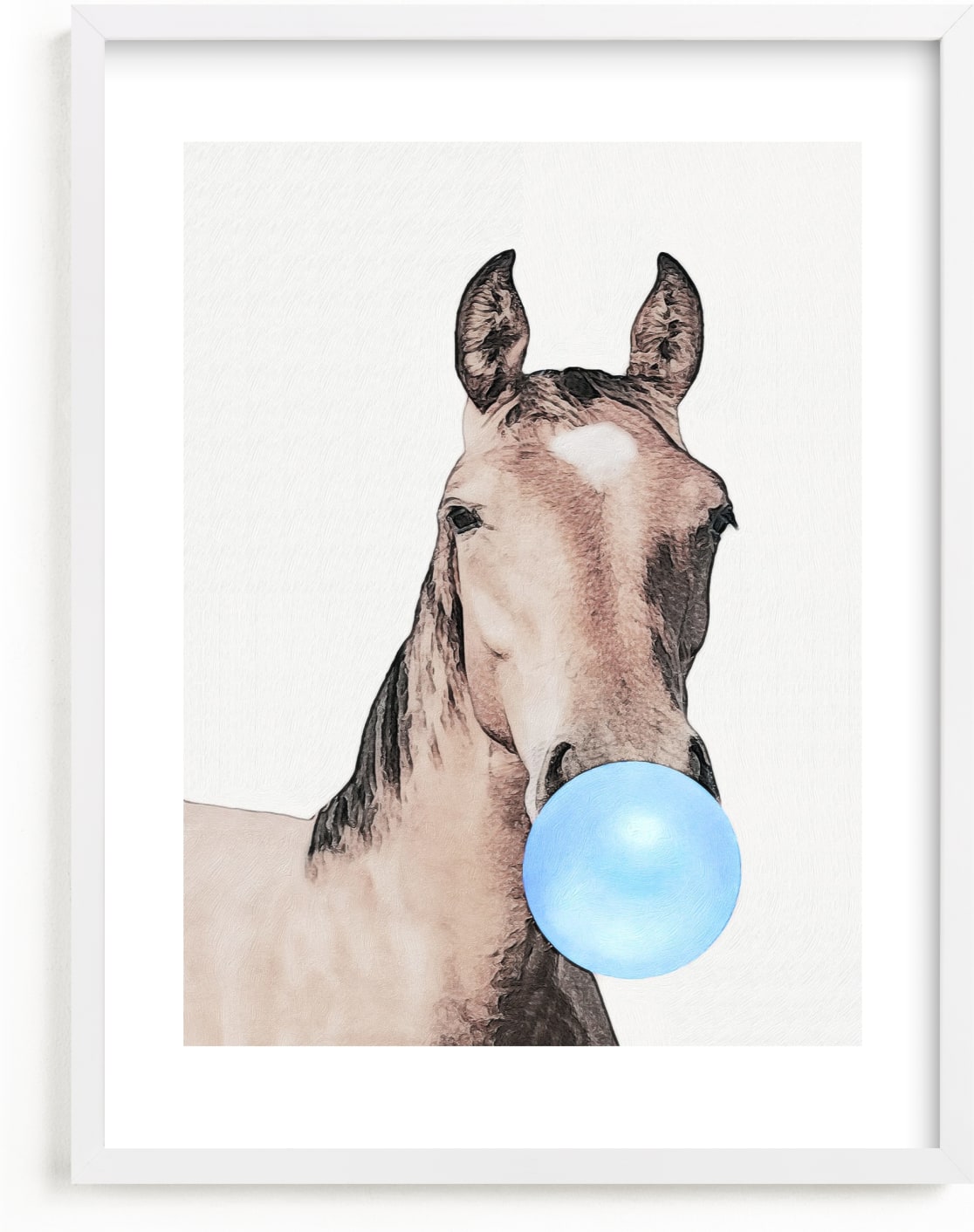 This is a blue kids wall art by Maja Cunningham called Bubblegum: Horse.