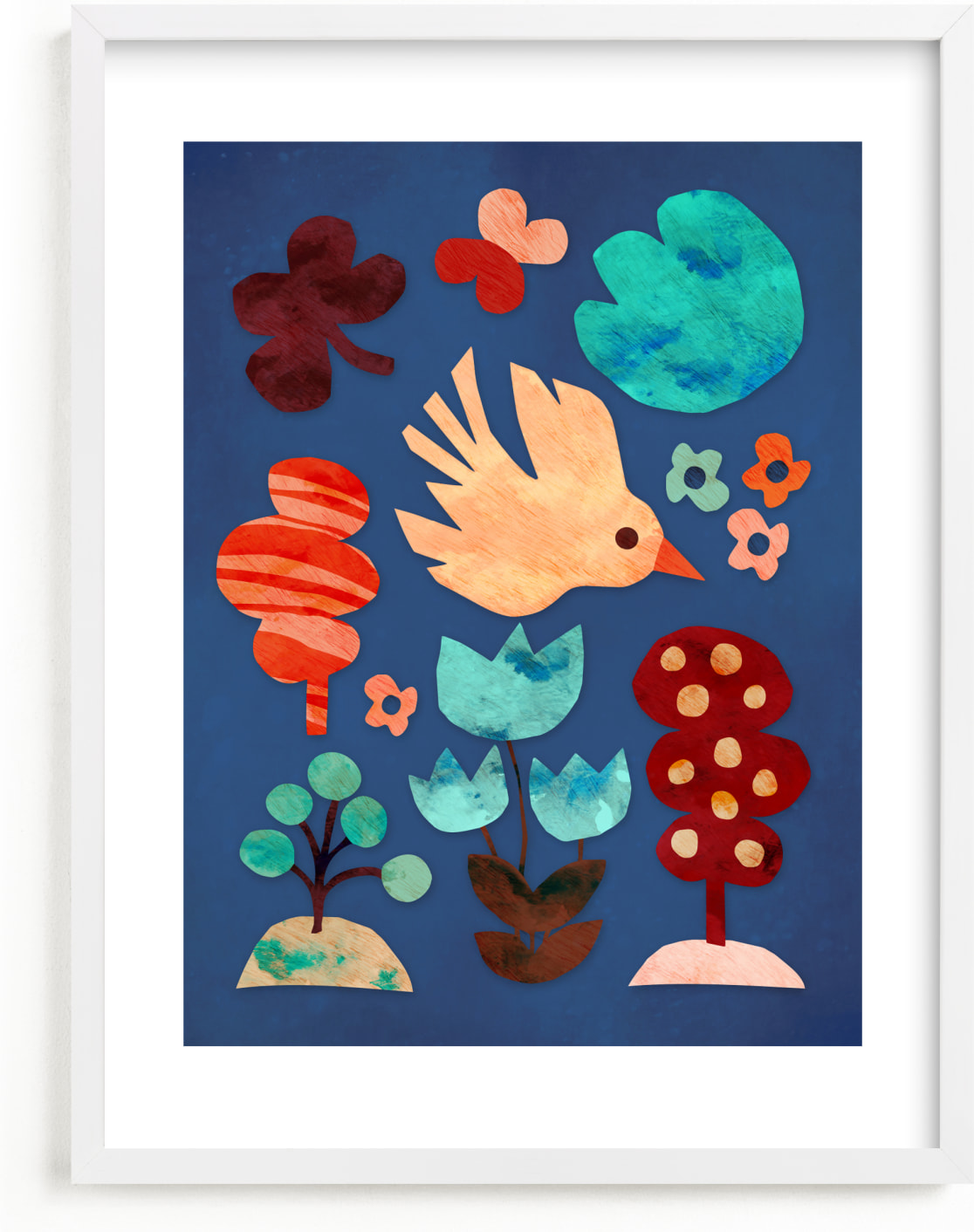 This is a blue kids wall art by Mojca Dolinar called Bird and the forest.