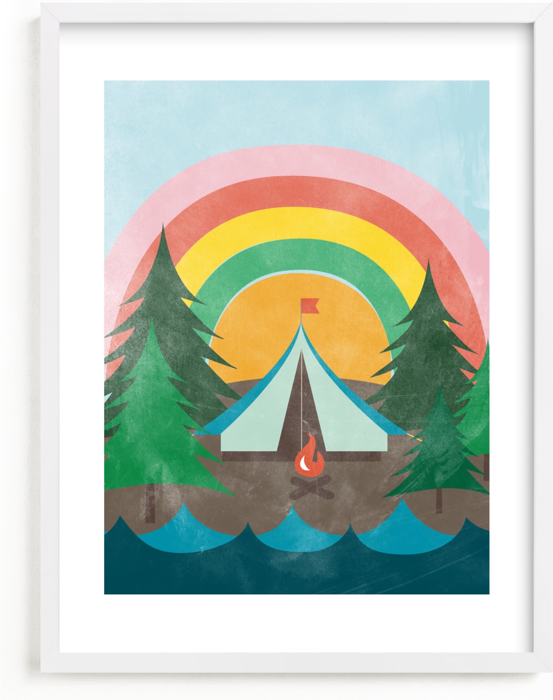 This is a blue kids wall art by Shirley Lin Schneider called Camp Rainbow.
