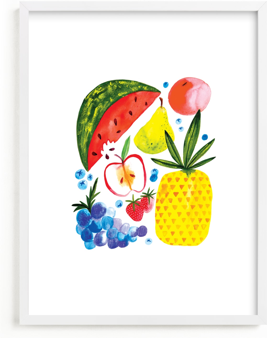 This is a colorful, classic colors, yellow kids wall art by Patrice Horvath called Fruit Family.