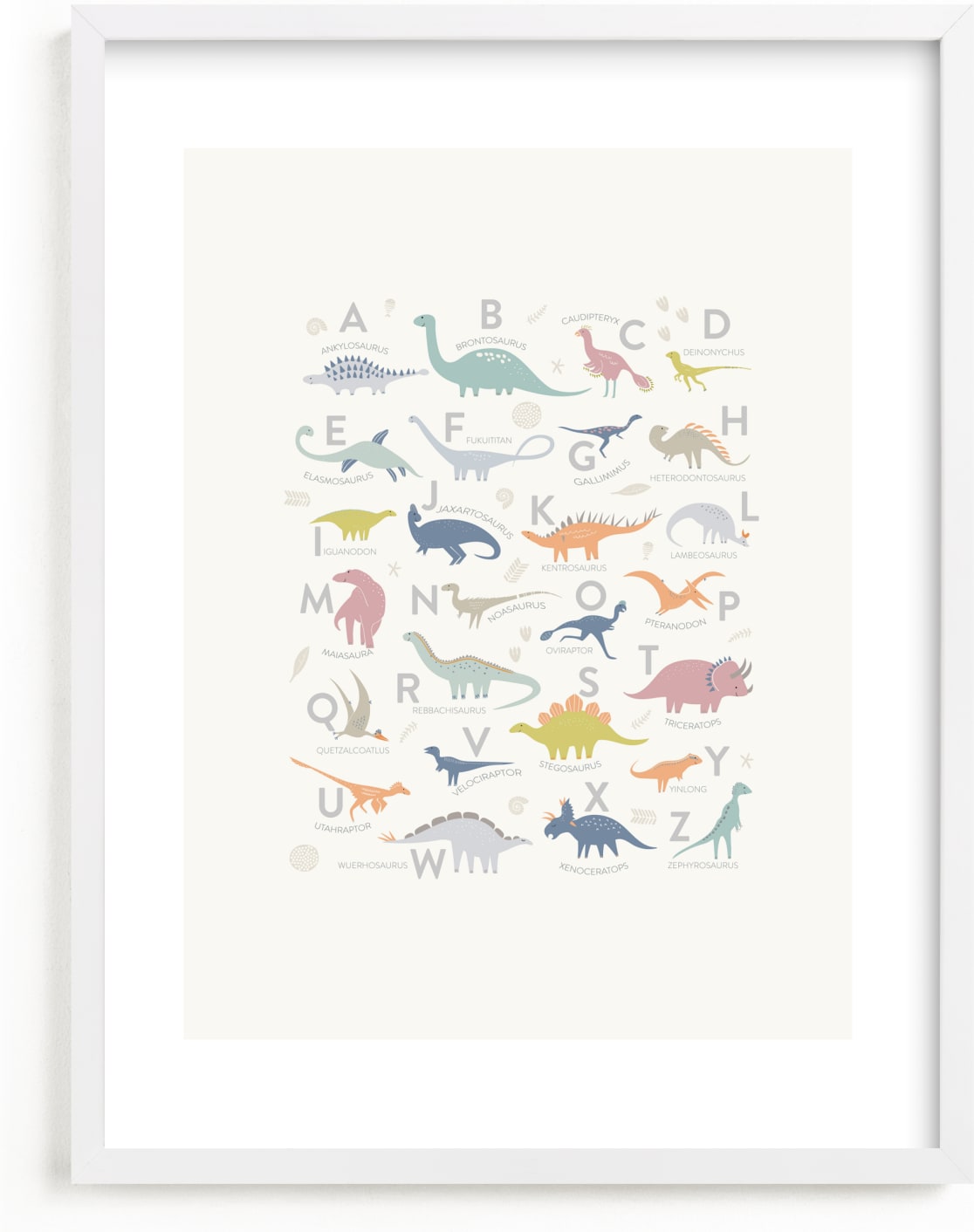 This is a colorful art by Teju Reval called Alphabet Dinos.