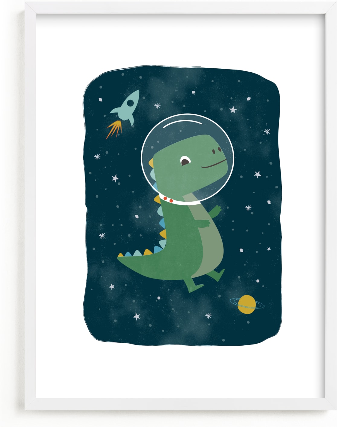 This is a colorful art by Annie Holmquist called Dinos in space.