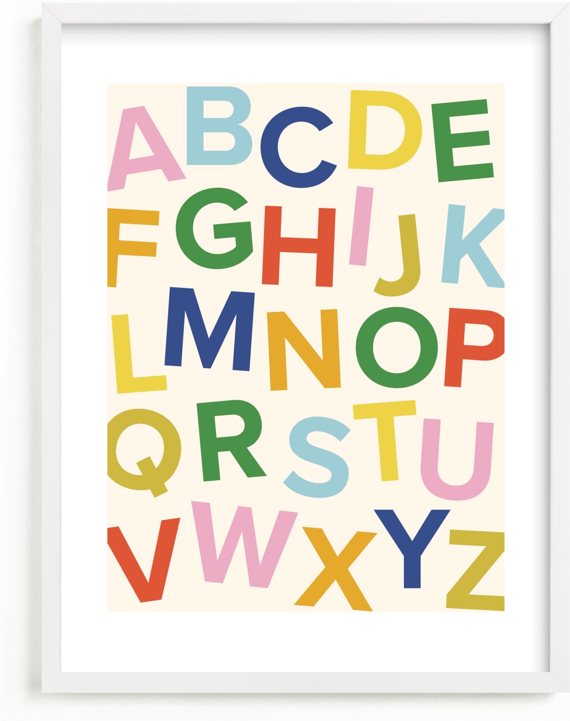 This is a colorful, beige art by Ellen Schlegelmilch called happy alphabet.