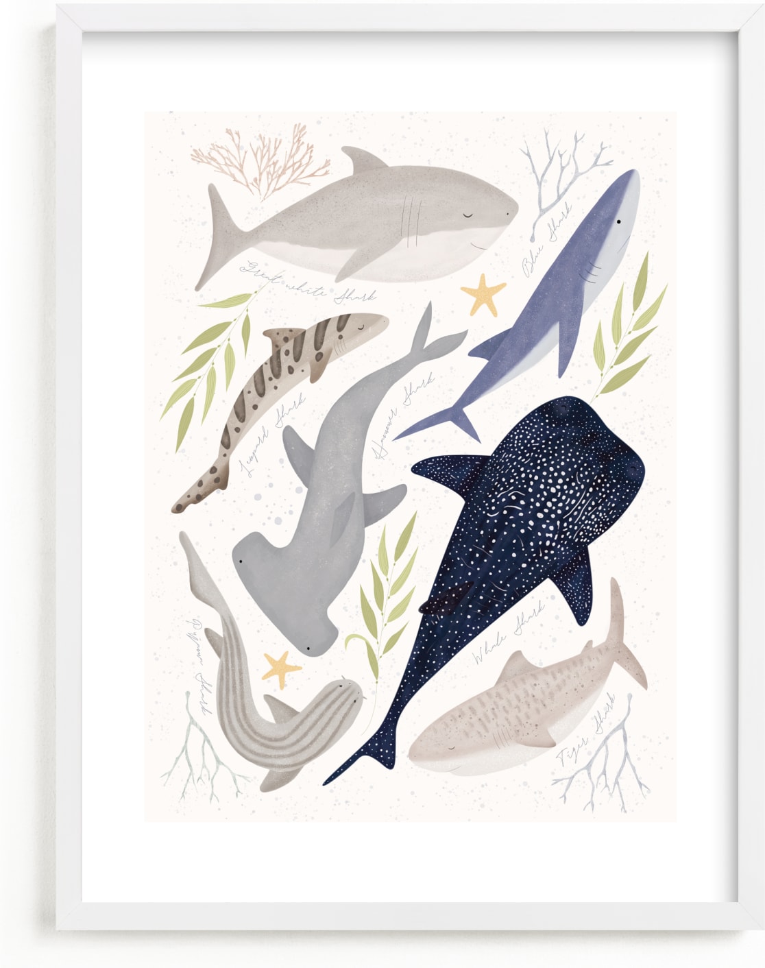 This is a blue, ivory, grey art by Sabrin Deirani called Marvelous sharks.